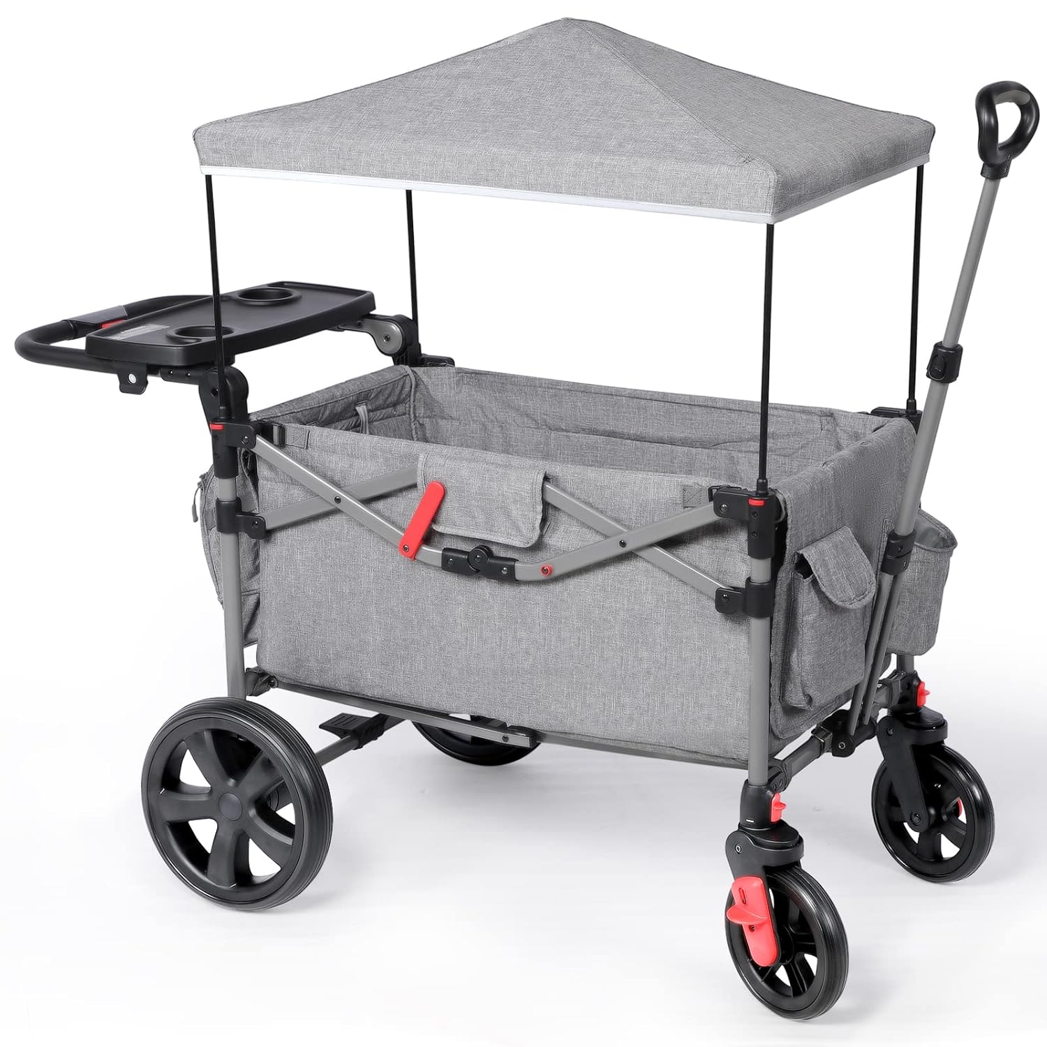EVER ADVANCED Foldable Wagons for Two Kids & Cargo, Collapsible Folding Stroller with Adjustable Handle Bar,Removable Canopy with 5-Point Harness