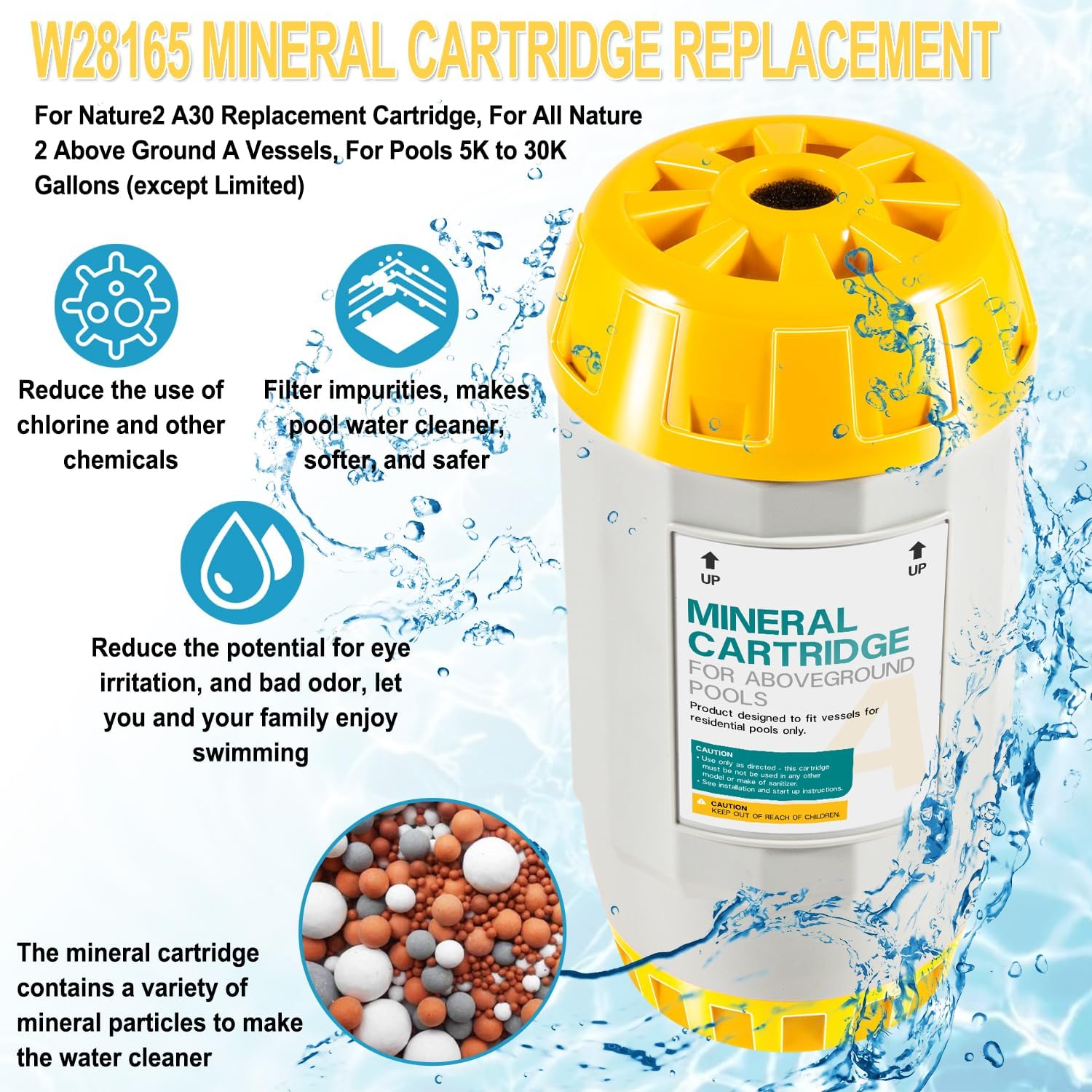 W28165 Mineral Cartridge Replacement Parts Kit Fit for Nature2 A30 Replacement Cartridge, for All Nature 2 Above Ground A Vessels, for Pools 5K to 30K Gallons (Except Limited)，Replace W28166, W26765