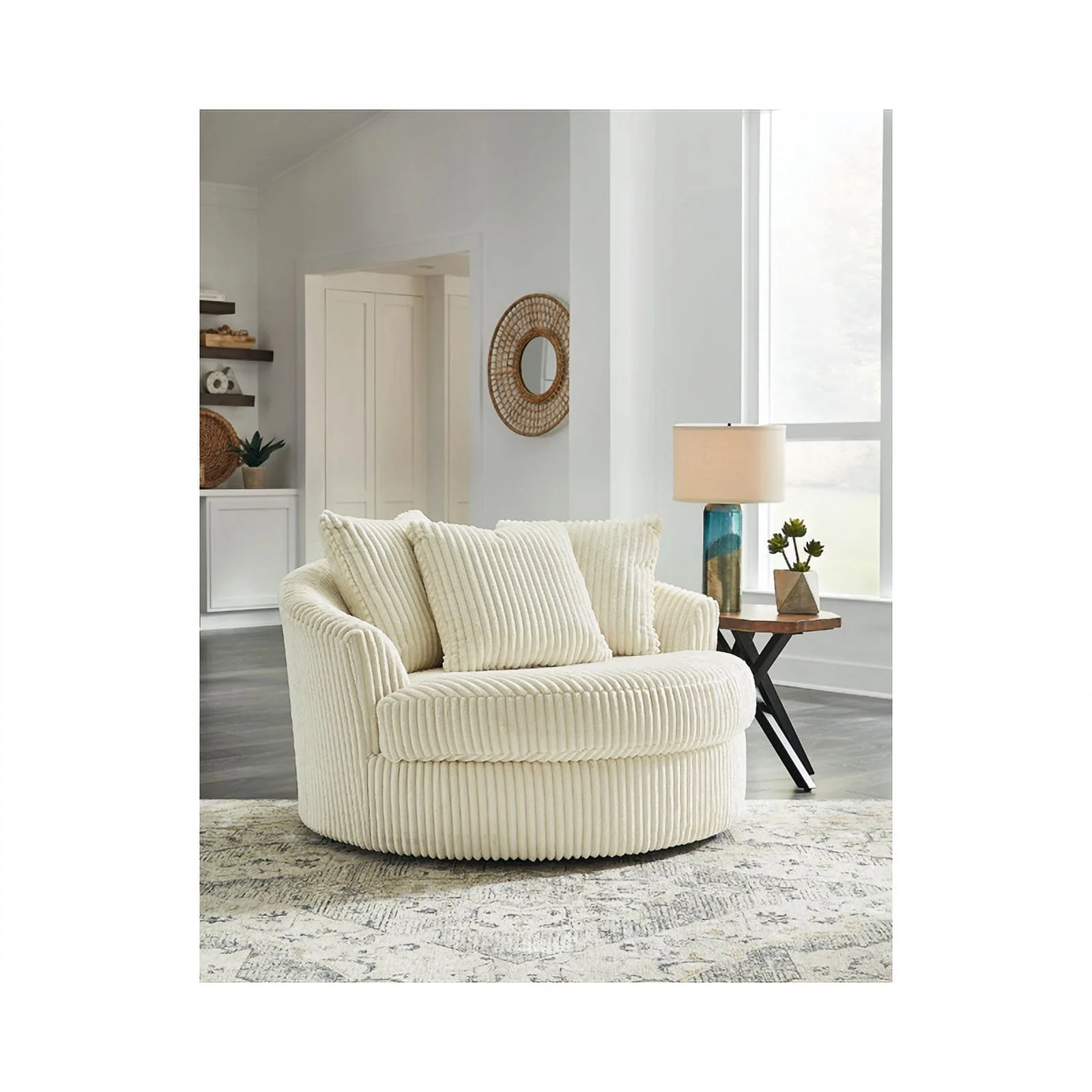 Ashley Furniture Lindyn Oversized Swivel Fabric Accent Chair in Ivory