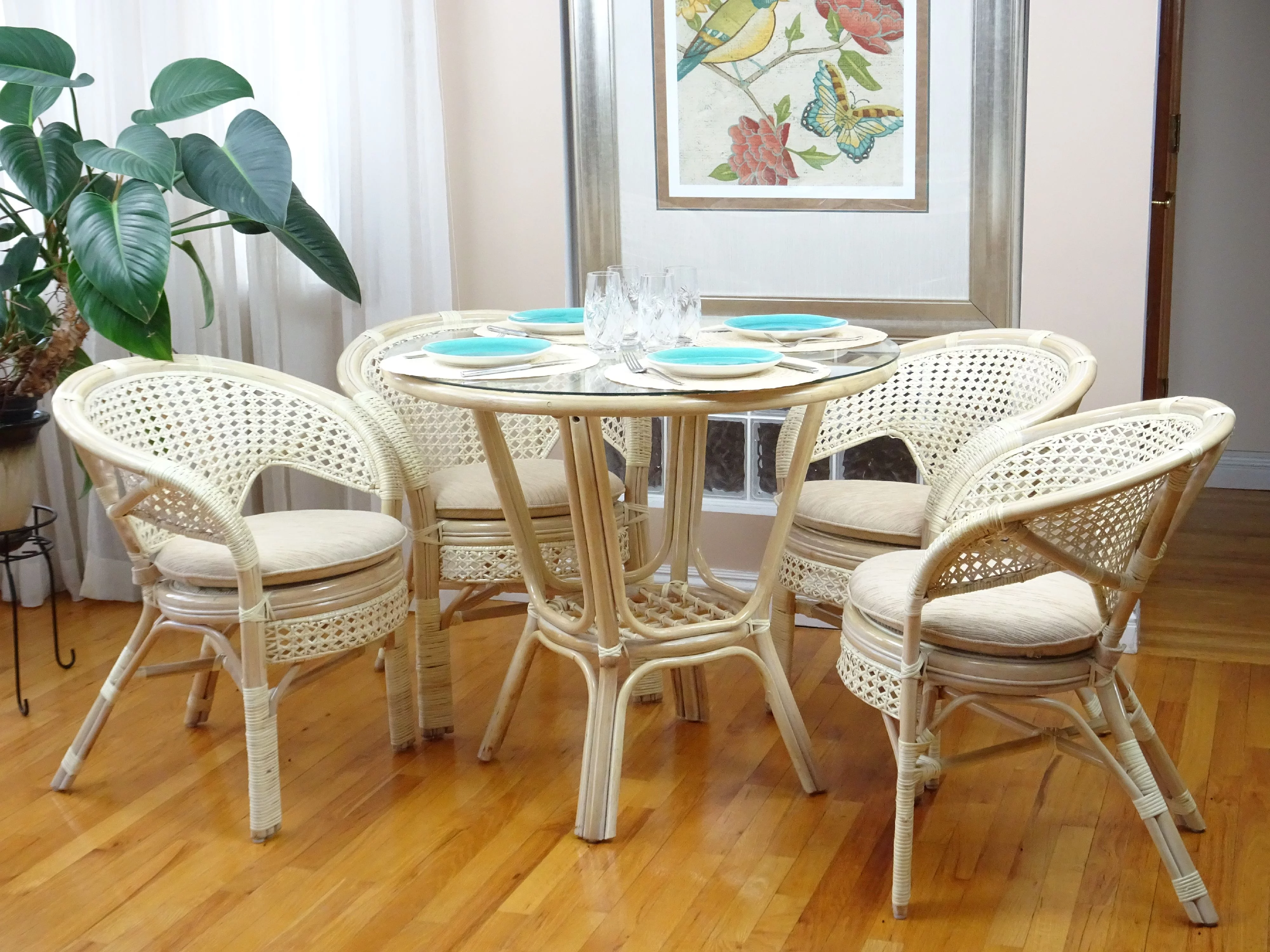 Set of 4 Pelangi ECO Natural Rattan Wicker Dining Armchairs Handmade Design, White Wash Color