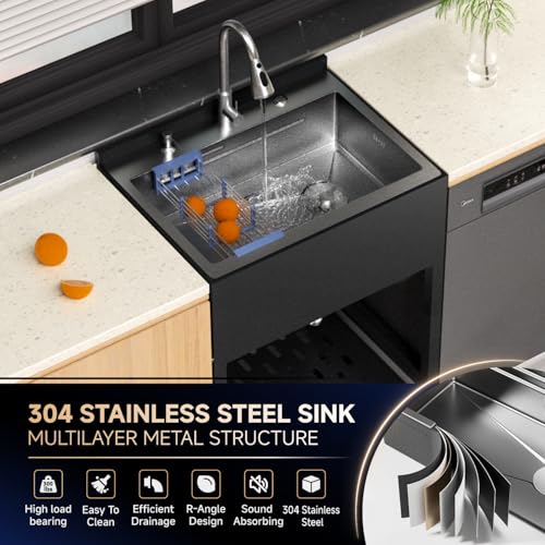 Stainless Steel Utility Sink,24" FreeStanding Laundry&Utility Room Sinks with Cold and Hot Water Faucet,Hoses and Drain Kit Commercial Single Bowl,Laundry Sink for Kitchens, Garage (24x18x36 Black)
