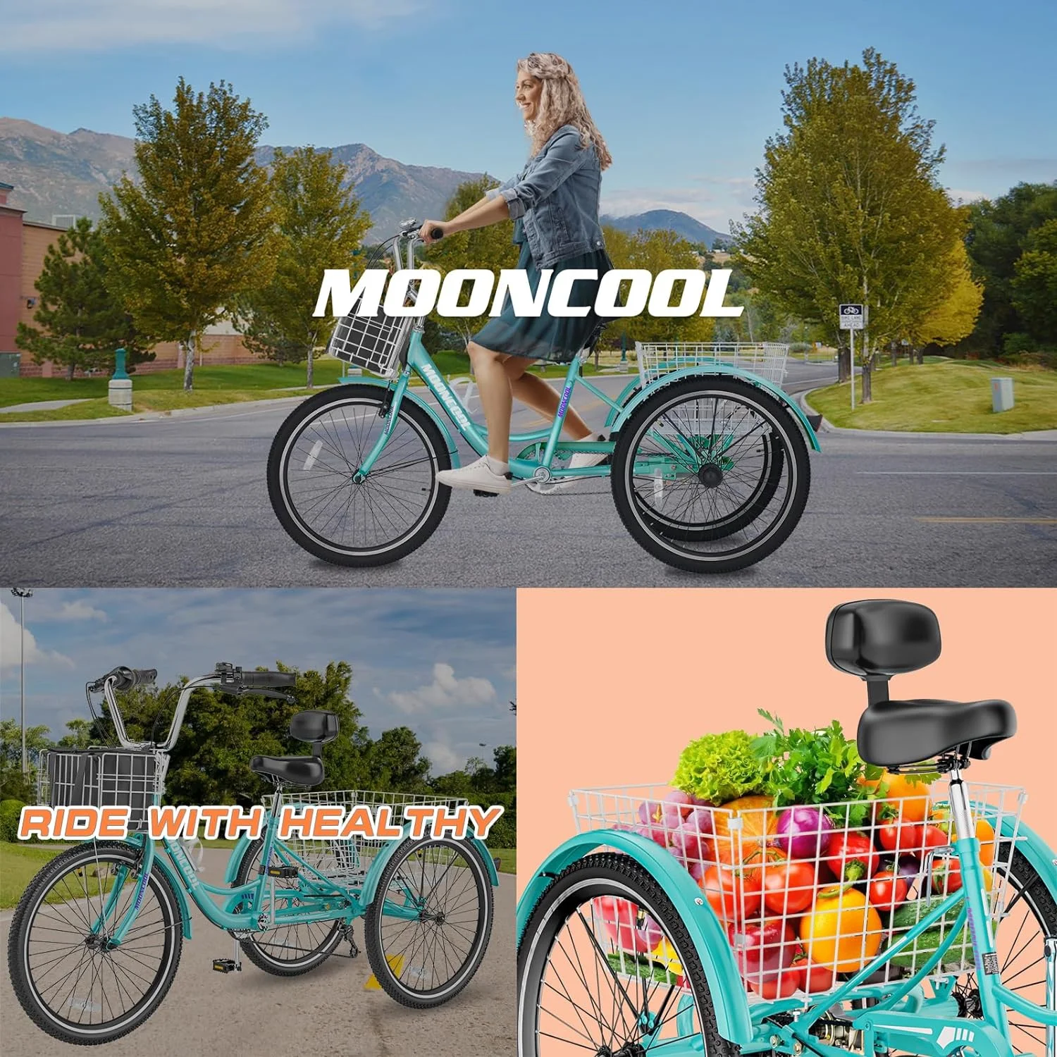 Mooncool Adult Tricycle 20/24/26 inch 7 Speed, Three Wheel Bicycle for Adult, Trike Cruiser W/ Tools & Big Basket for Exercise Shopping Picnic Outdoor Activities