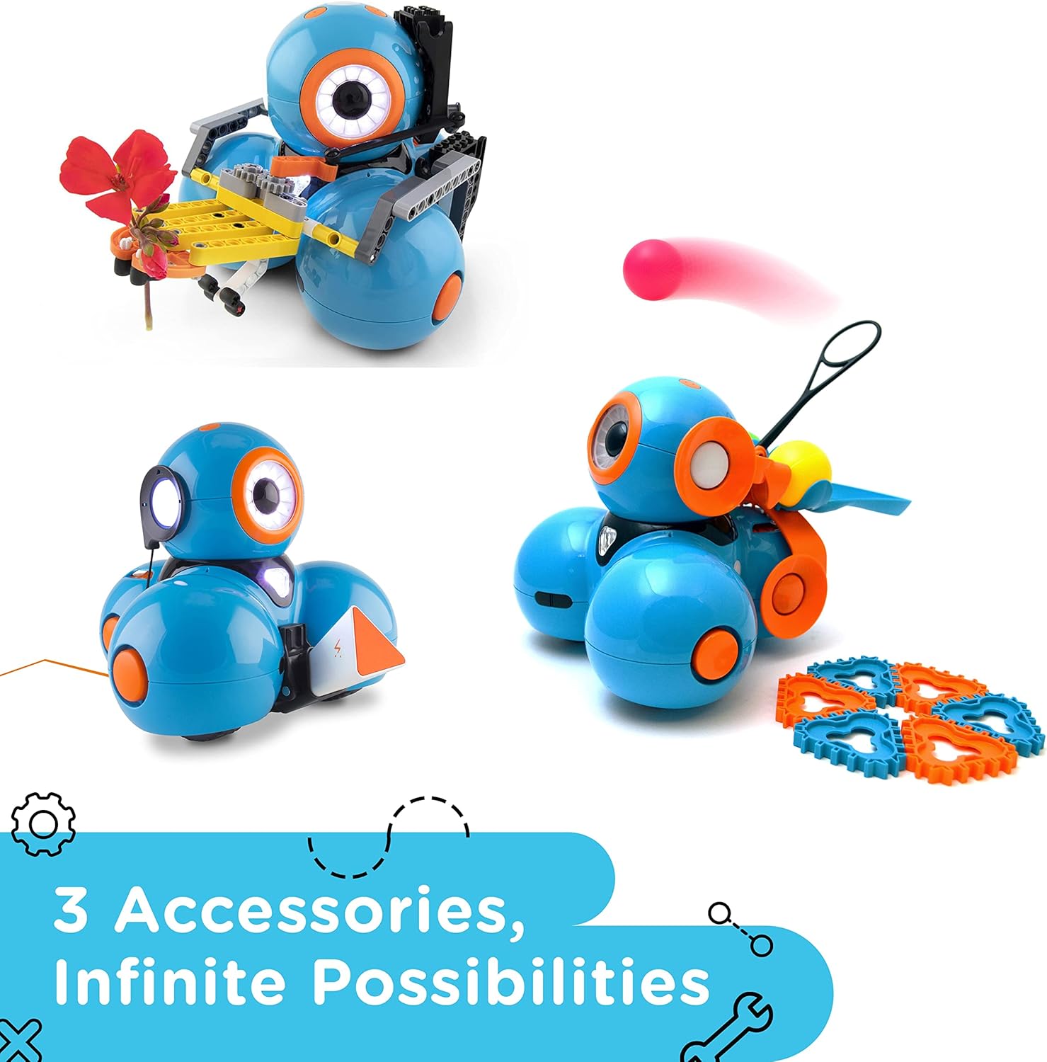 Wonder Workshop Dash Robot Wonder Pack – Coding Educational Bundle for Kids 6+ – Free STEM Apps with Instructional Videos - Launcher Toy, Sketch Kit Drawing, Gripper Building