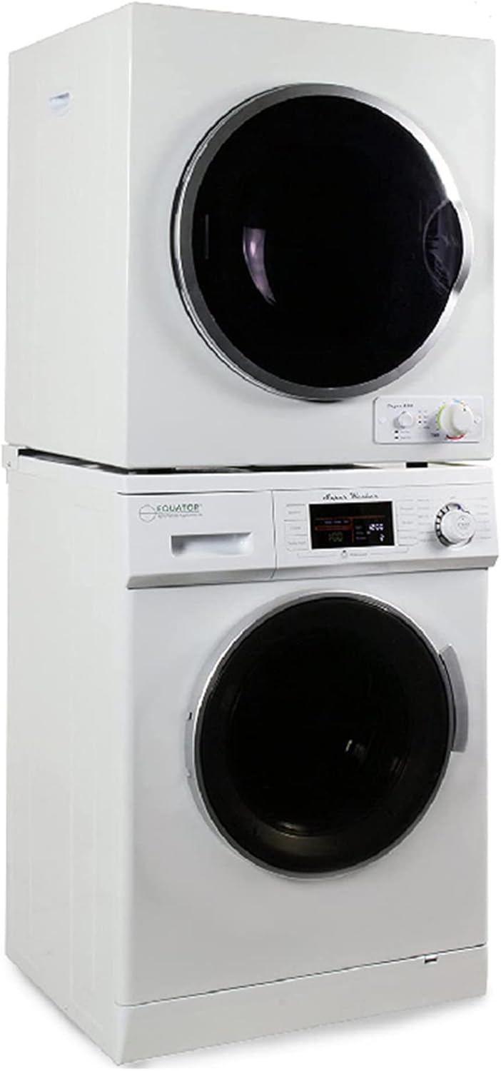 Equator Stackable Laundry Center with Front Load Washer and Dryer Unit Including Customizable Cycles, Quiet Mode, and 180-Degree Swinging Doors White