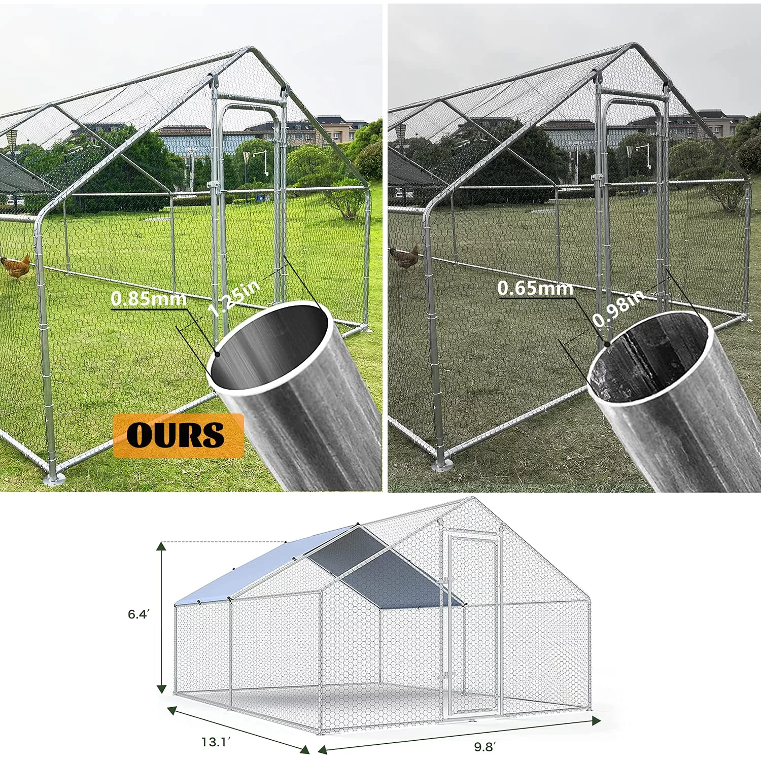 GeeLoon Extra Large Chicken Coop 10 x 13 ft Metal Walk-in Chicken Run Pen Silver