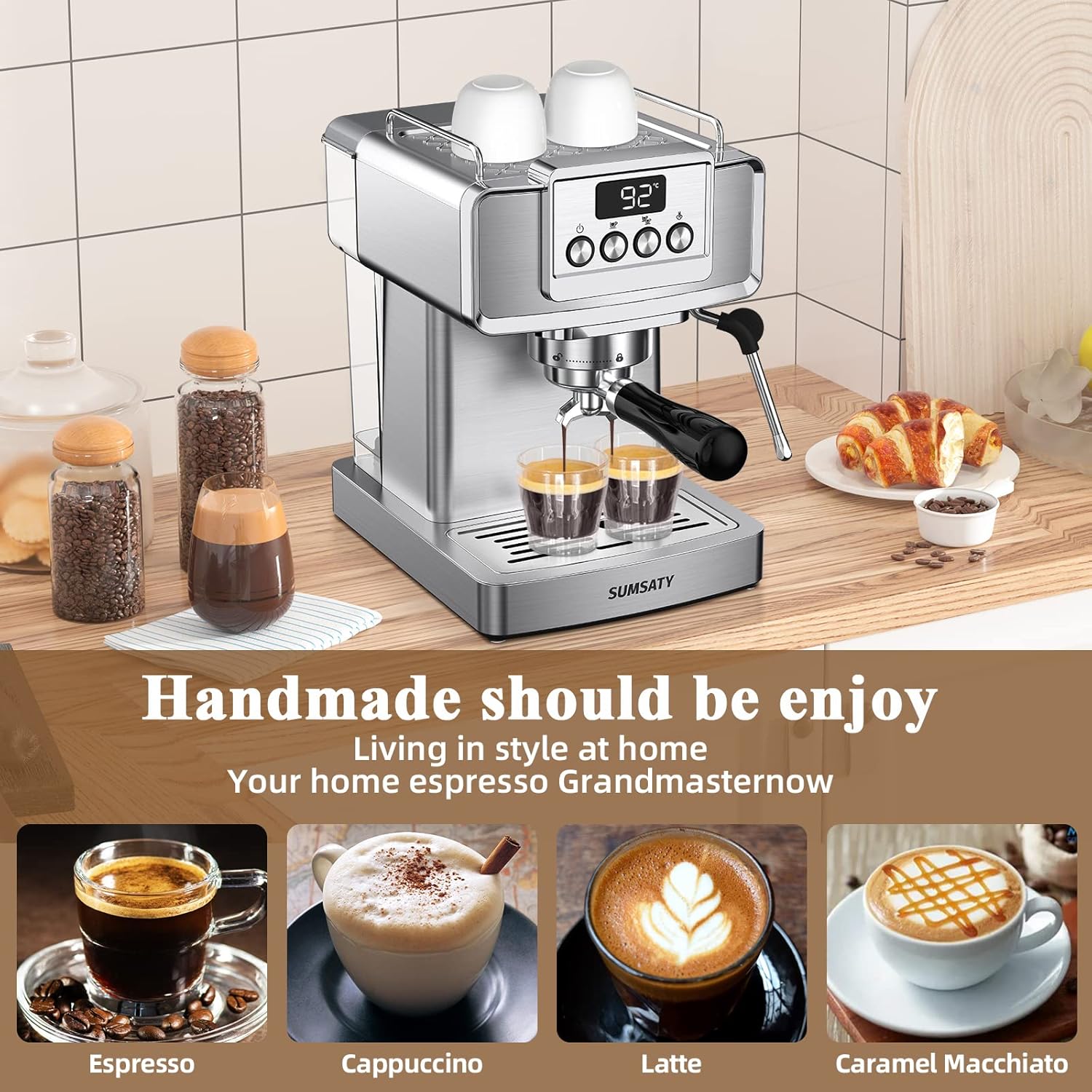 Espresso Machine, Stainless Steel Espresso Machine with Milk Frother for Latte, Cappuccino, Machiato,for Home Espresso Maker, 1.8L Water Tank, 20 Bar