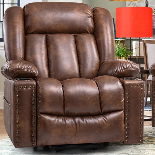 Large Power Lift Chairs Recliners for Elderly with Heated and Massage, Overstuffed Adjustable Lift Chairs, 3 Positions, Breathable Leather, USB-A and USB-C, Cup Holder, Side Pocket Dark Brown