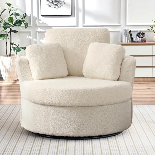 Chair and A Half with Ottoman, 360° Swivel Accent Barrel Chair Modern Comfy Round Reading Sofa Swivel Chairs Circle Lounge Chair for Bedroom Living Room w/4 Pillow Lower Seating Heigh (White, Large)