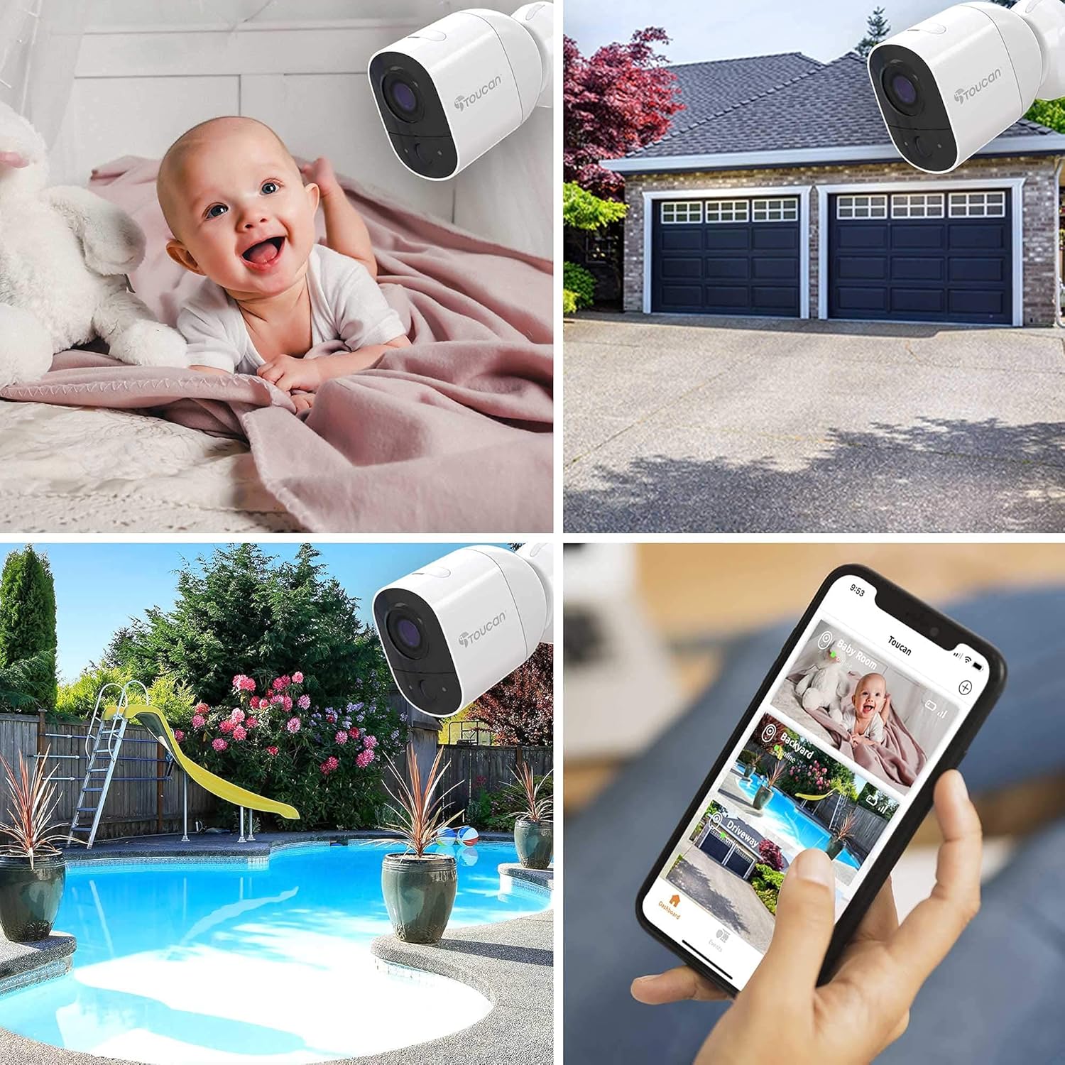 TOUCAN Wireless Indoor/Outdoor Battery Powered Security Camera, Weatherproof, Night Vision, AI Motion Detection, 2-Way Audio, Works with Alexa & Google Home, 1080P, No Subscription Required, 3 Pack