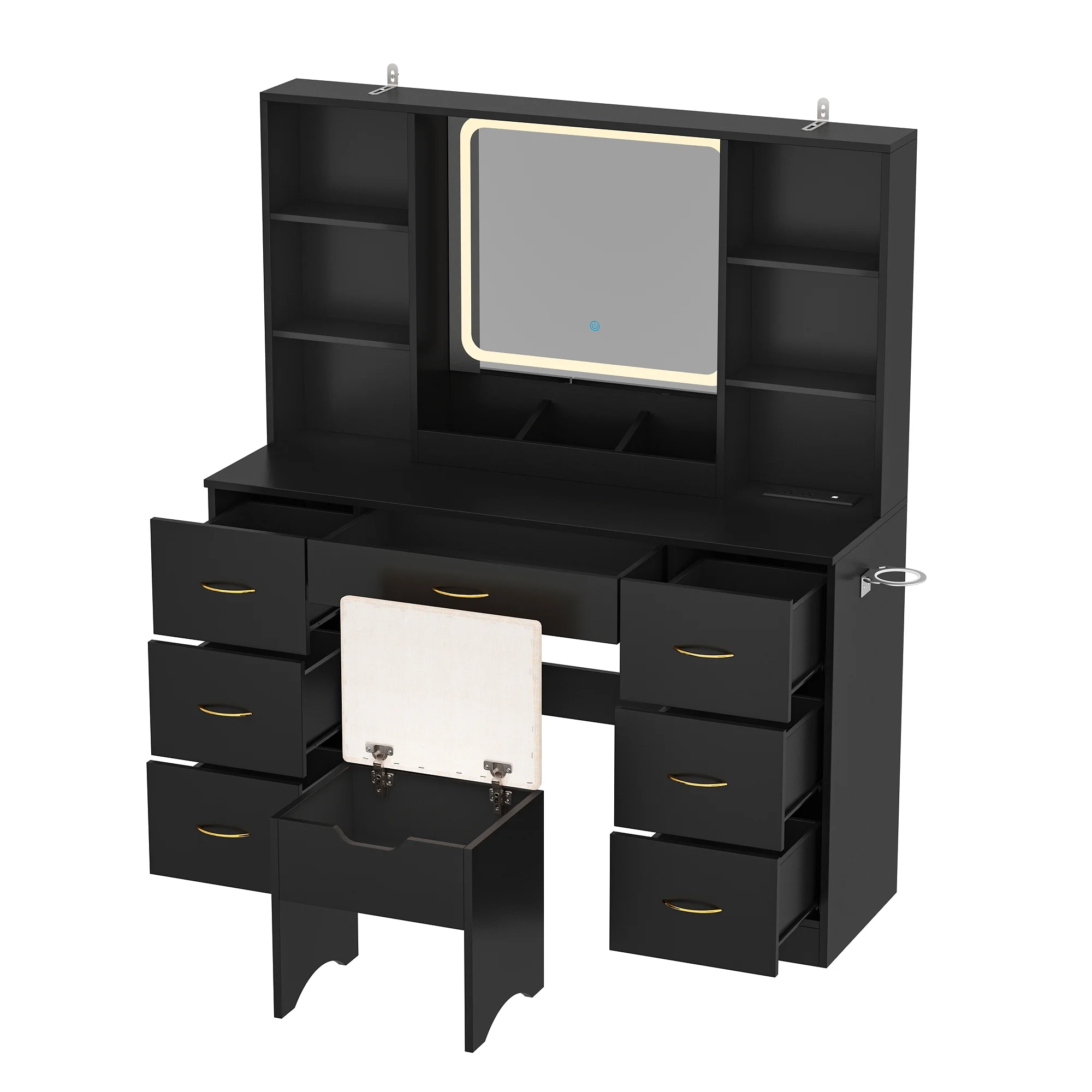 47" Large Vanity Desk with LED Lighted Mirror & Power Outlet & 7 Drawers, Makeup Vanity Table Set with Storage Stool and Hair Dryer Rack, Black