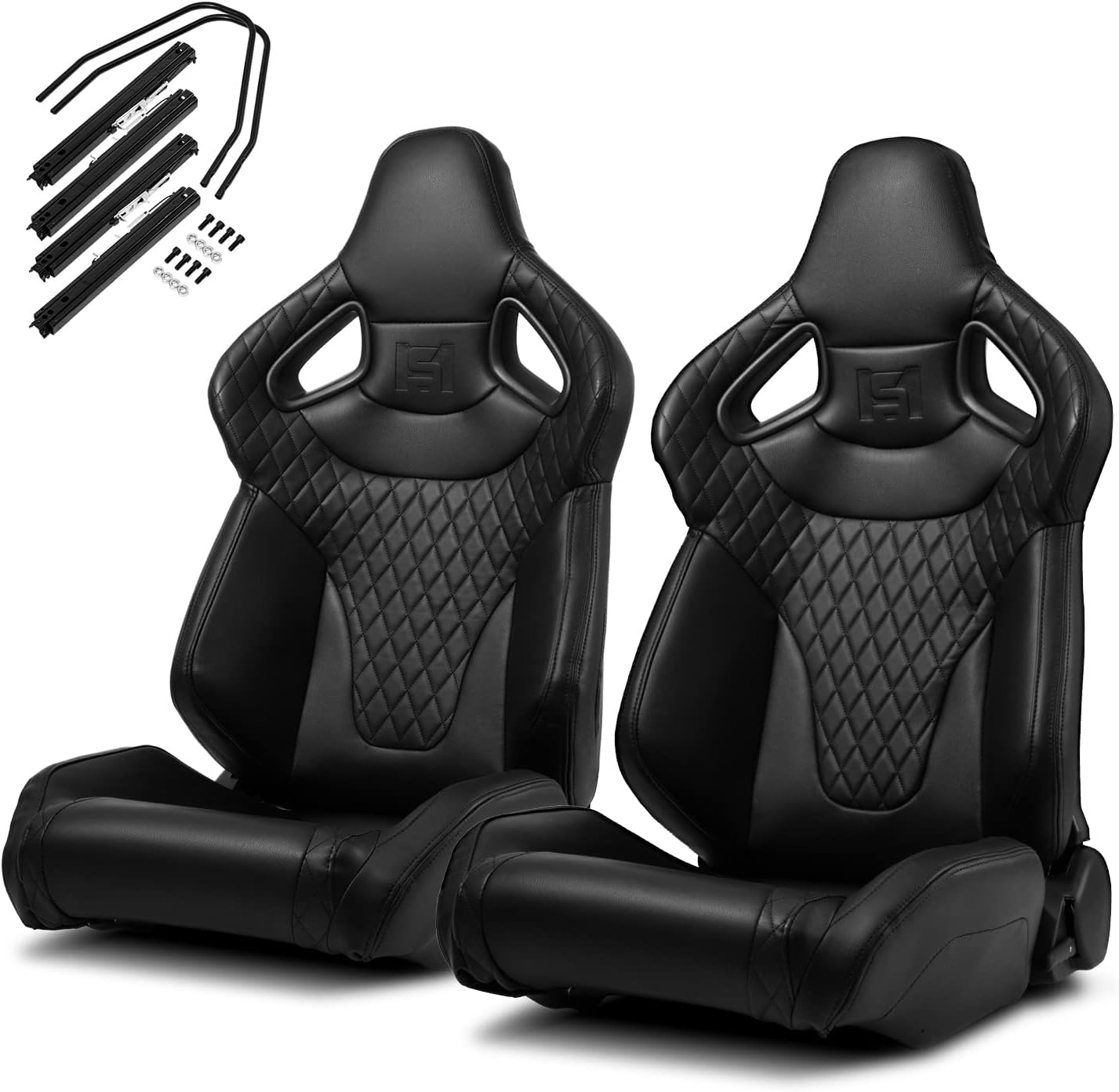 ModifyStreet 1 Pair Universal Black w/Red Stitching w/Carbon Fiber Leather PVC Reclinable C-Series Racing Seats W/Slider Left/Right