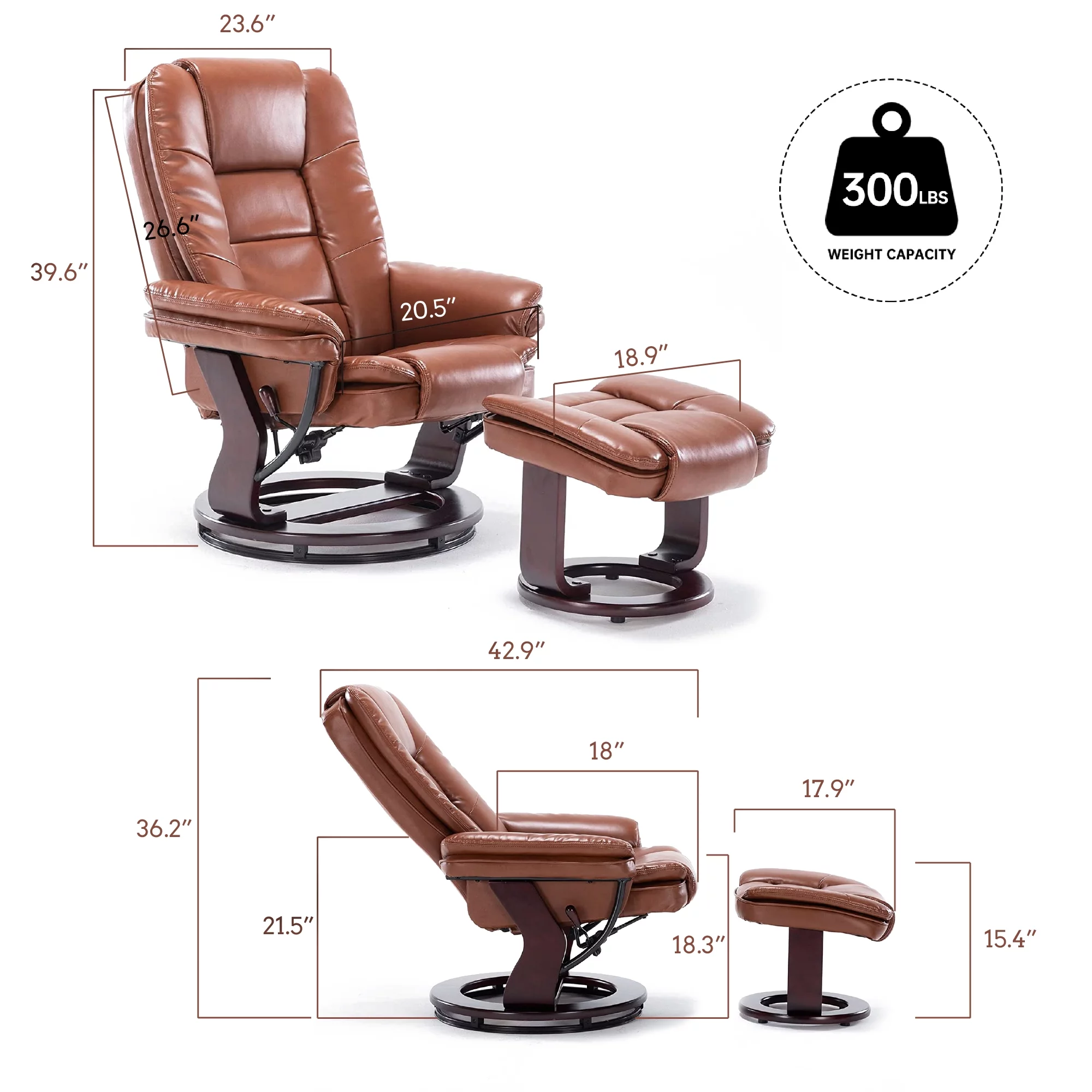 32'' Wide Manual Swivel Standard Recliner with Ottoman,Faux Leather,Brown