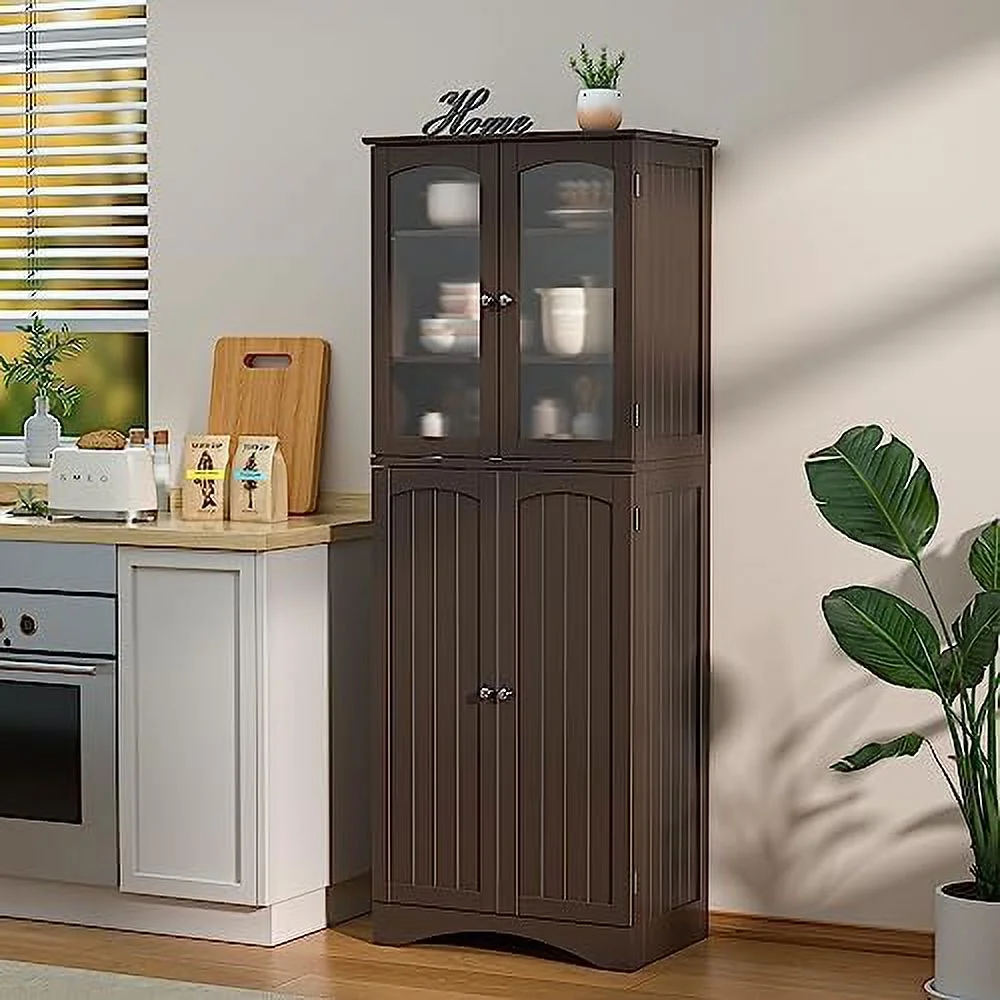 64" Kitchen Pantry Cabinet  Tall  Cabinet with Glass Doors and Adjustable Shelves  Freestanding Floor Cabinet Cupboard for Kitchen  Living Room  Dining Room (Dark Brown)