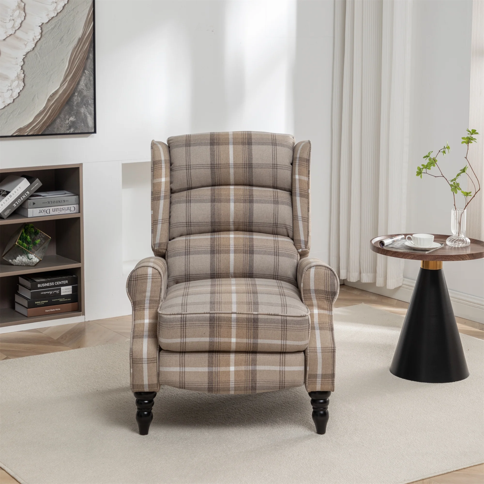 Upholstered Wingback Recliner Chair, Plaid Recliner Chair Armchair Adjustable Footrest Push Back Reclining Sofa, Mid Century Modern Lounge Armchair for Living Room, Bedroom, Reading -- Natural
