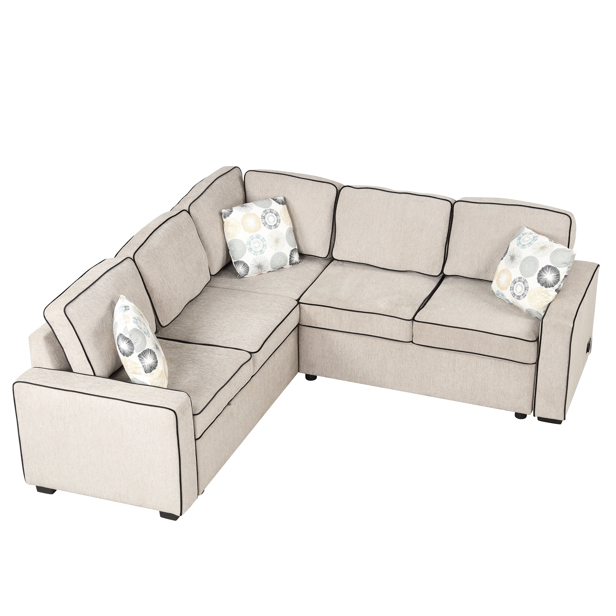 Euroco 5 Seat Pull Out Sofa Bed L-Shaped Sofa with 2 USB Ports, Sockets, Pillows, 83" Convertible Sleeper Sofa for Living Room, Bedroom, Office, Cream
