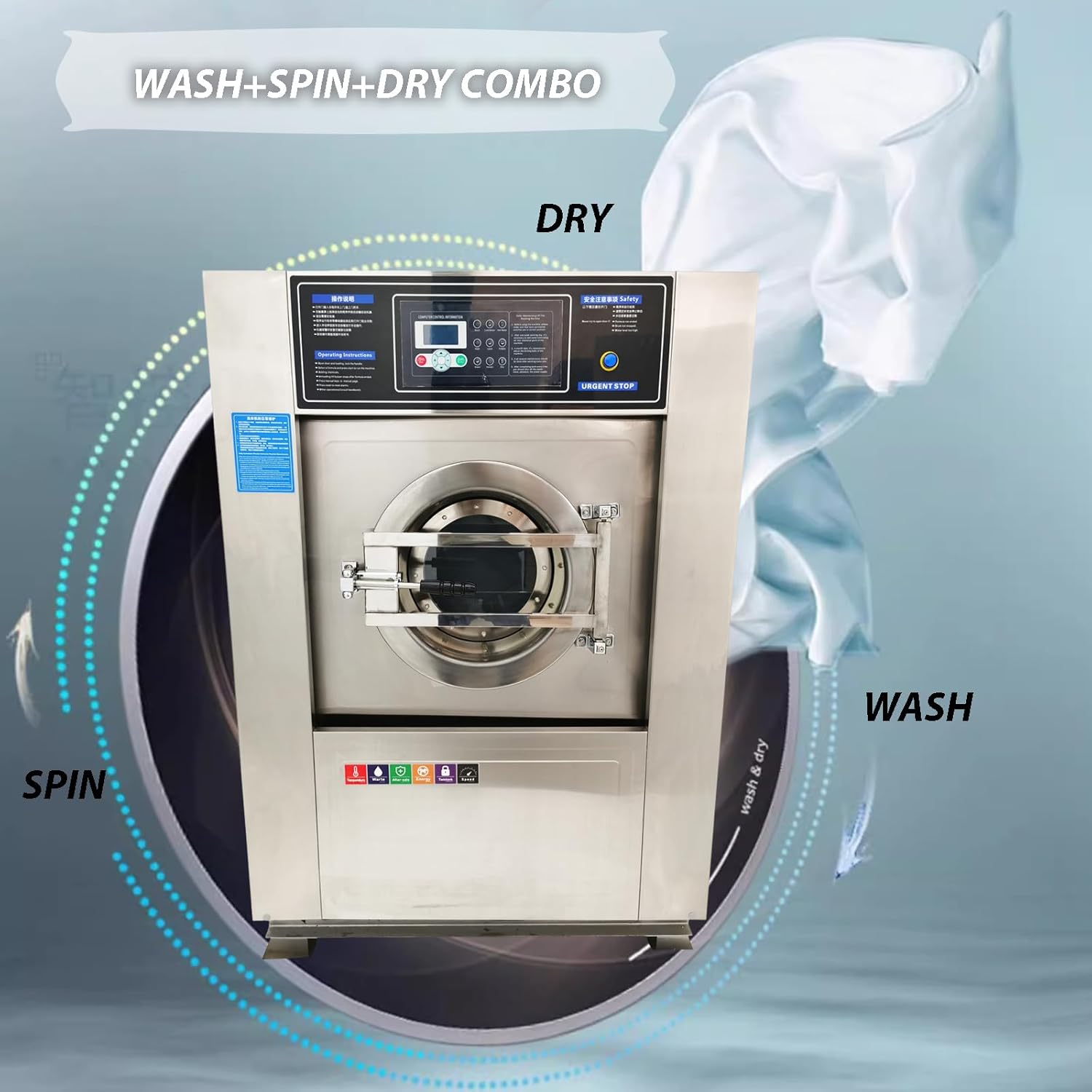 Automatic Washing Spinning Drying Combo Machine All-in-one Laundry Washer Dryer Extractor Machine WASH+SPIN+DRY 44LBS Capacity Washer Extractor Dehydrator 2.2KW 220V 3PH 60HZ
