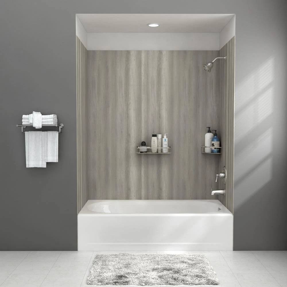 American Standard Passage 32 in. x 60 in. 4-Piece Glue-Up Alcove Bath Wall in Gray Timber