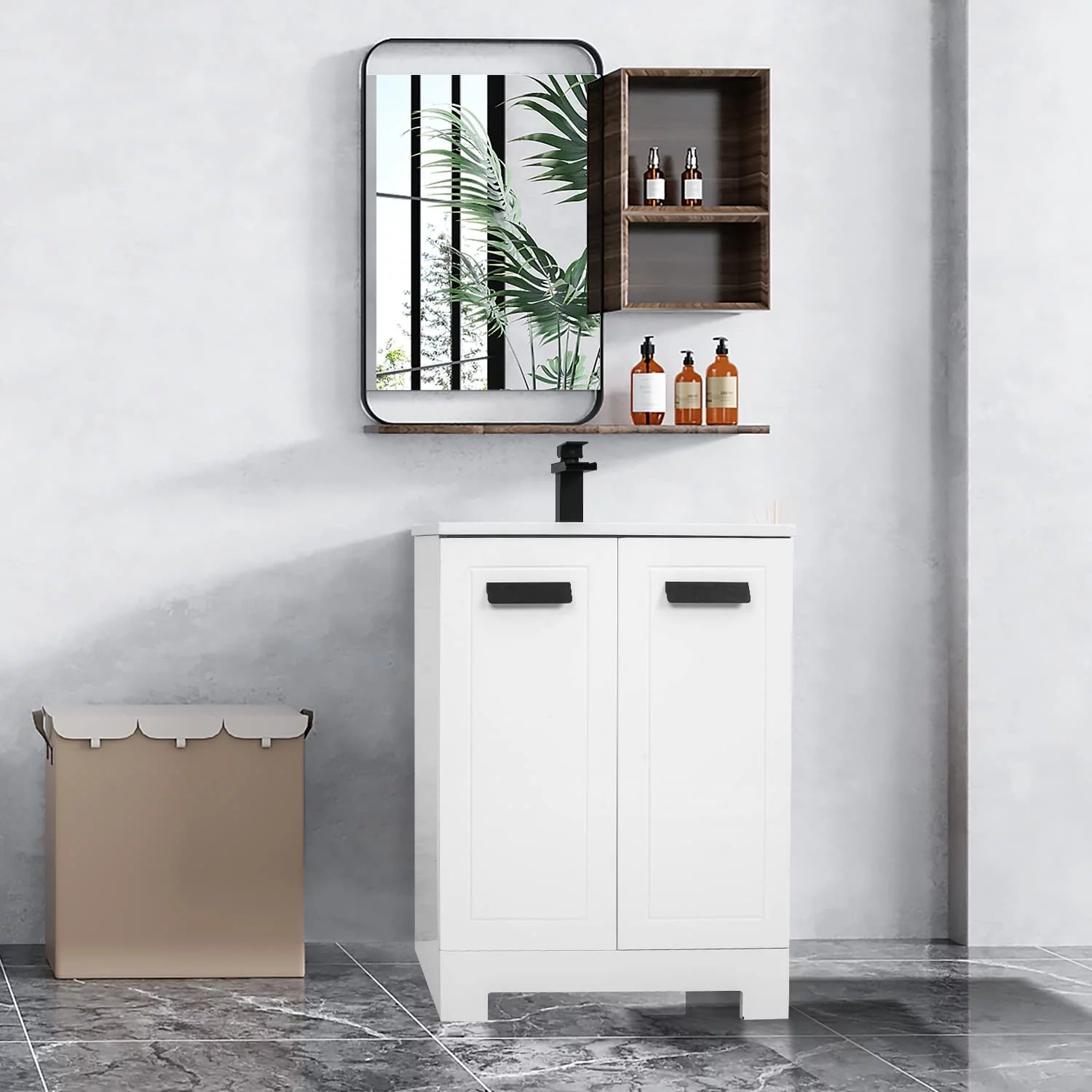 FULLWATT 24 inch Modern Stand Pedestal Wooden Bathroom Cabinet with Undermount Sink Combo