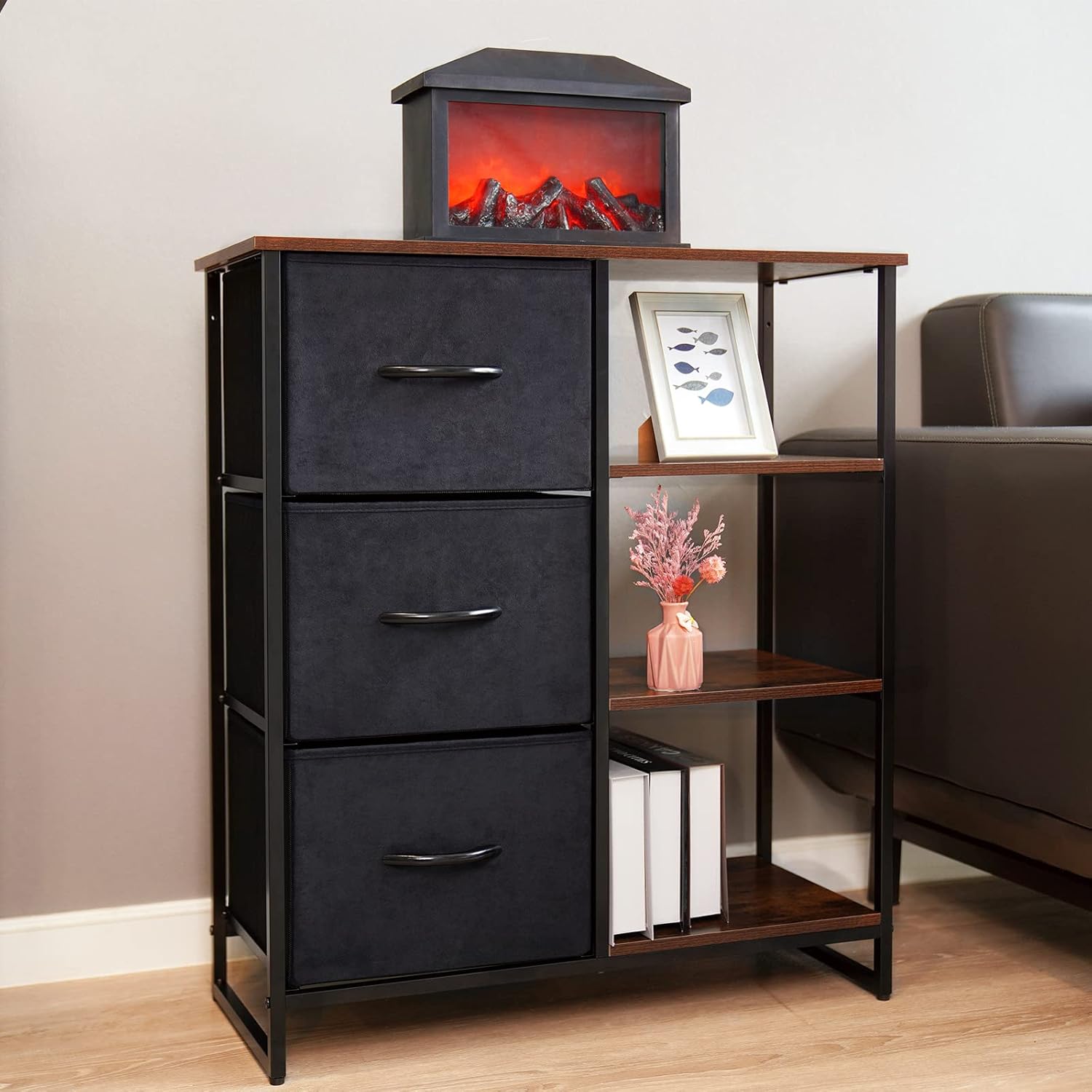 LYNCOHOME Dresser with 3 Drawers and Shelves, Storage Cabinet, Office Lateral File Cabinets, Shlef Storage Organizer for Bedroom, Livingroom, Office(Left Shelf)