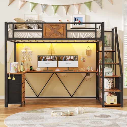 Itaar Stairway Twin Size Loft Bed with L Shaped Desk and Wardrobe, Metal Loft Bed Frame with Storage Stairs,3 Fabric Drawers, LED Lights & Charging Sation,No Noise & No Box Spring Needed, White