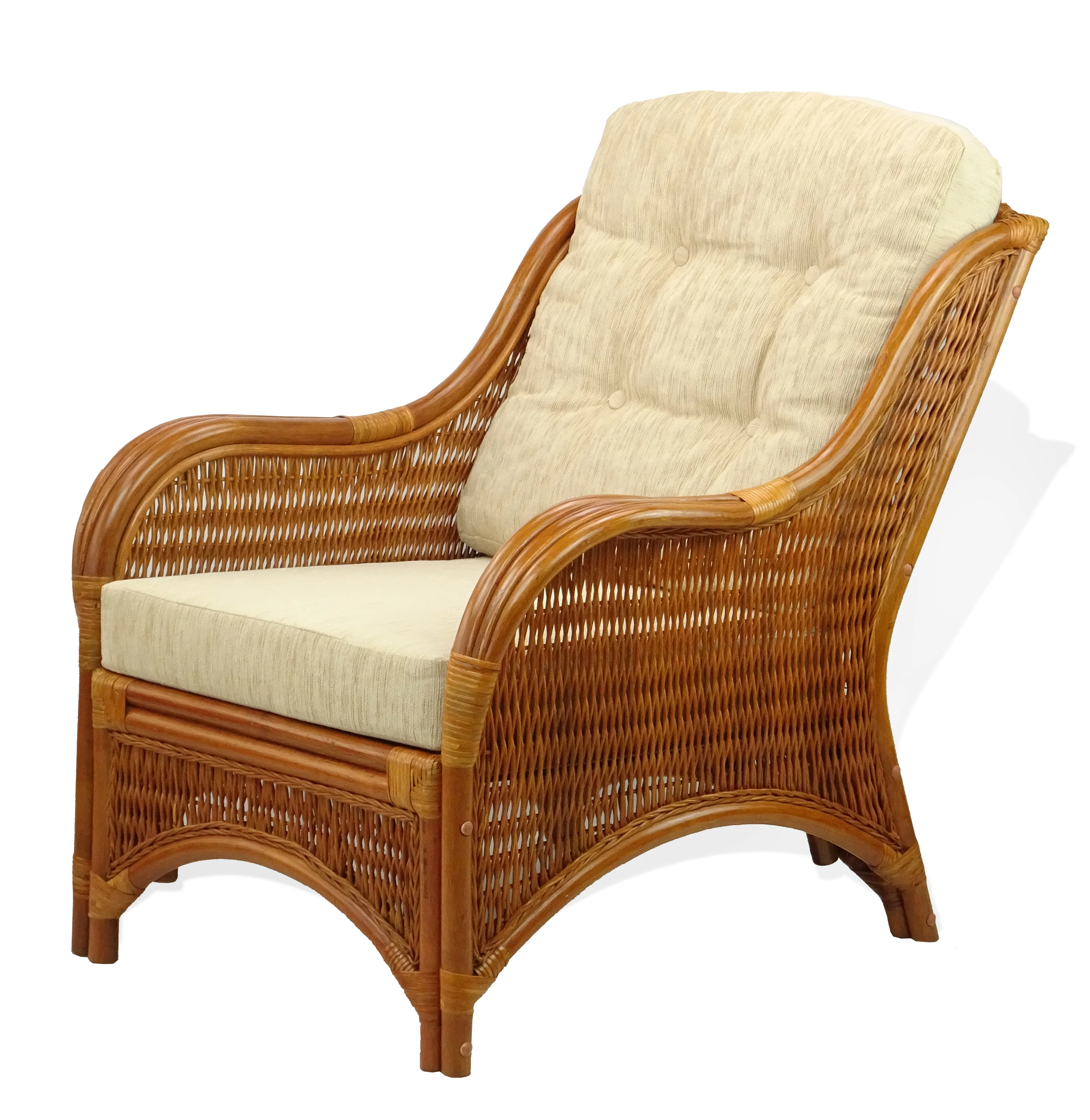 Jam Living Set of 2 Natural Rattan Wicker Lounge Chairs, Loveseat with Cream Cushions and Coffee Table w/Glass Handmade, Colonial