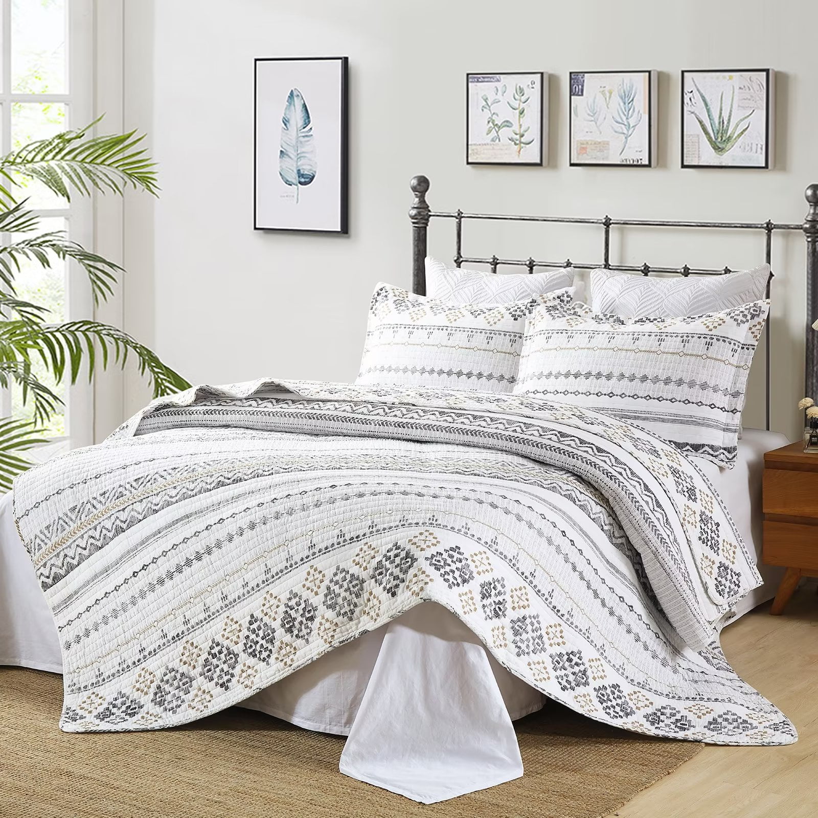 Bedduvit 100% Cotton King Size Quilt Set - Bohemian White & Charcoal Geometric Striped Quilt King, Boho Breathable Bedspread for All Season, 3-Piece Lightweight Summer Comforter Bedding Set, 98"x106"