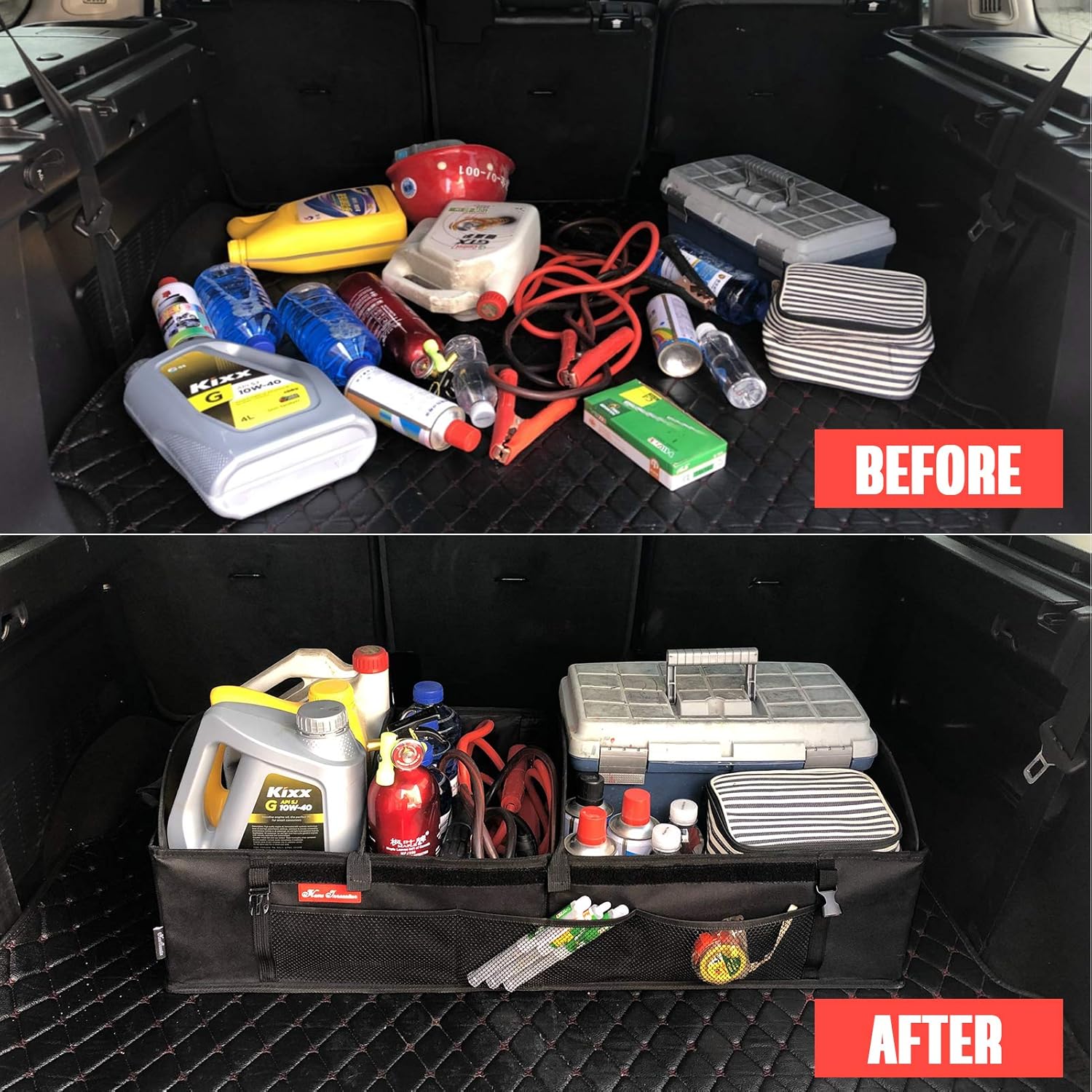 Trunk Organizer for SUV Car, Truck, Auto, Minivan - 4 Adjustable Compartments Foldable Portable Trunk Organizer, Heavy Duty Durable Car Organizer, Removable Flexible Cargo Storage Bag