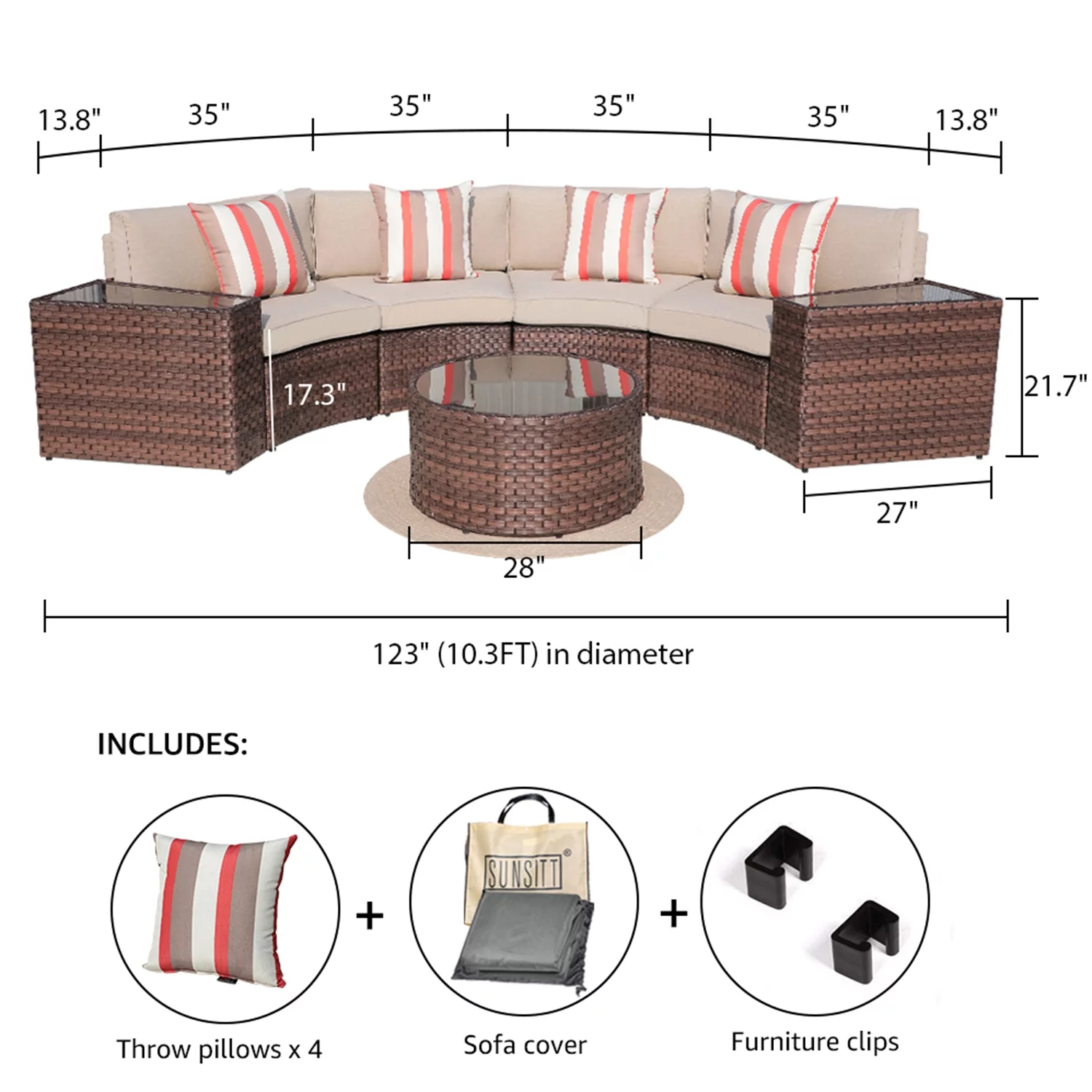 Outdoor Sectional Half-Moon Curved Sofa Set, 7-Piece Brown All Weather PE Wicker Sectional Furniture Set with Round Coffee Table and Side Tables, 4 Pillows & Waterproof Cover Included, Beige Cushion