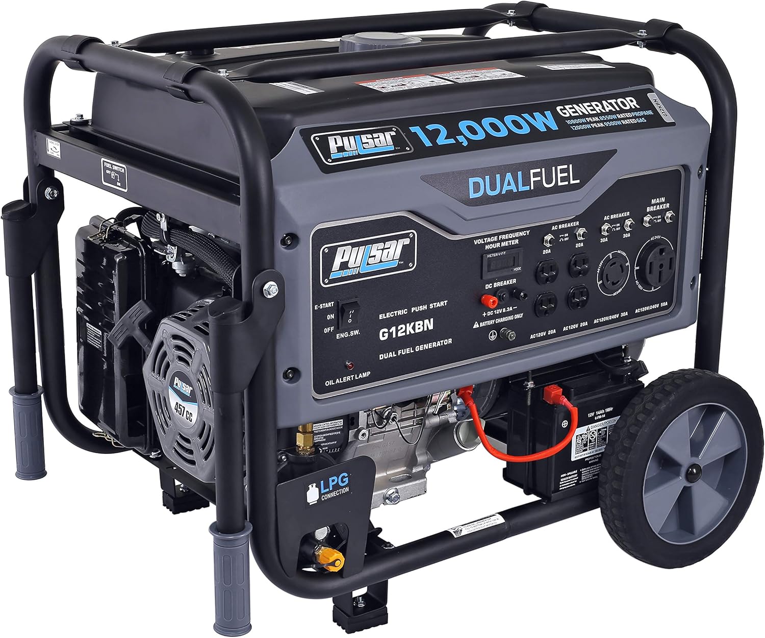 Pulsar G12KBN-SG Heavy Duty Portable Dual Fuel Generator - 9500 Rated Watts & 12000 Peak Watts - Gas & LPG - Electric Start - Transfer Switch & RV Ready - CARB Compliant
