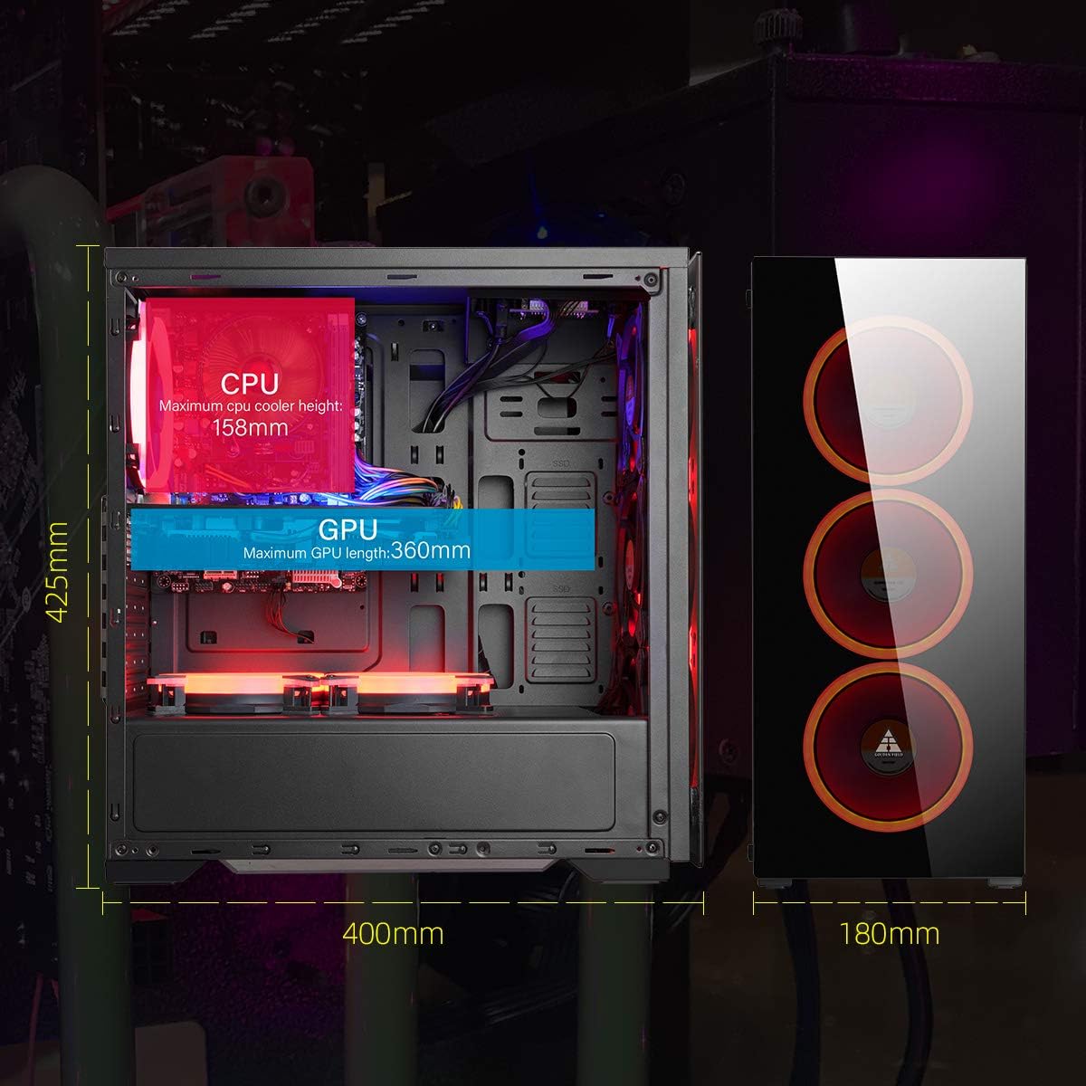 GOLDEN FIELD N17 Computer Case with 3 LED Red Fans PC Gaming ATX Case Acrylic Side Panel Pack of 2