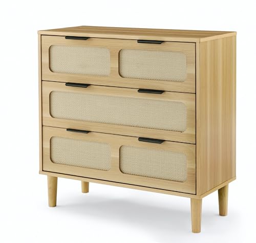 Garteder Modern Rattan Storage Cabinet with Wide Drawers and Metal Handles, Farmhouse Wooden Storage Chest of 3 Drawers for Dining Room, Living Room, Hallway, Entryway