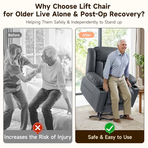 Large Power Lift Chairs Recliners for Elderly with Heated and Massage, Overstuffed Adjustable Lift Chairs, 3 Positions, Breathable Leather, USB-A and USB-C, Cup Holder, Side Pocket Dark Brown