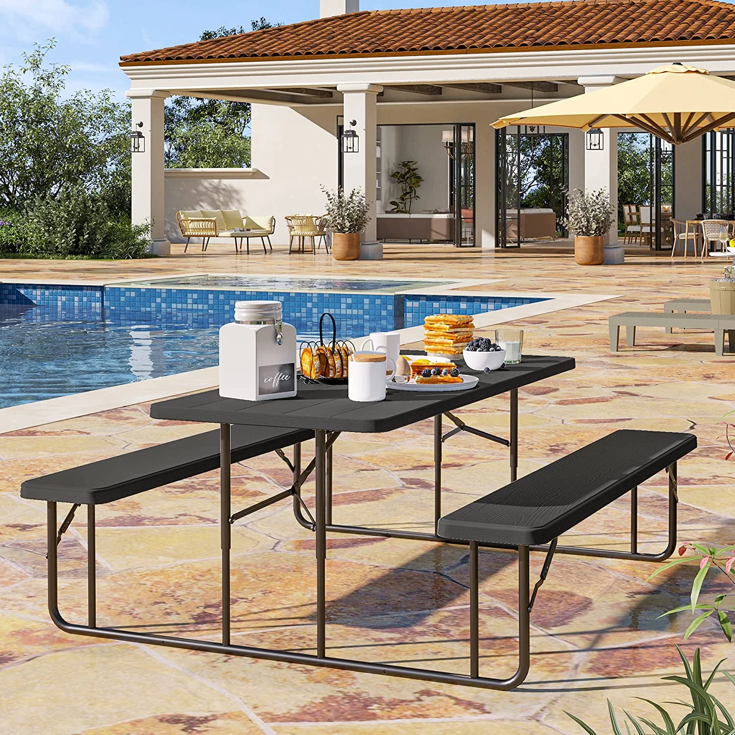 Dextrus 6ft Folding Picnic Table Heavy Duty Outdoor Picnic Table and Bench Resin Tabletop & Stable Steel Frame w/Umbrella Hole for Yard Patio Lawn Party Black