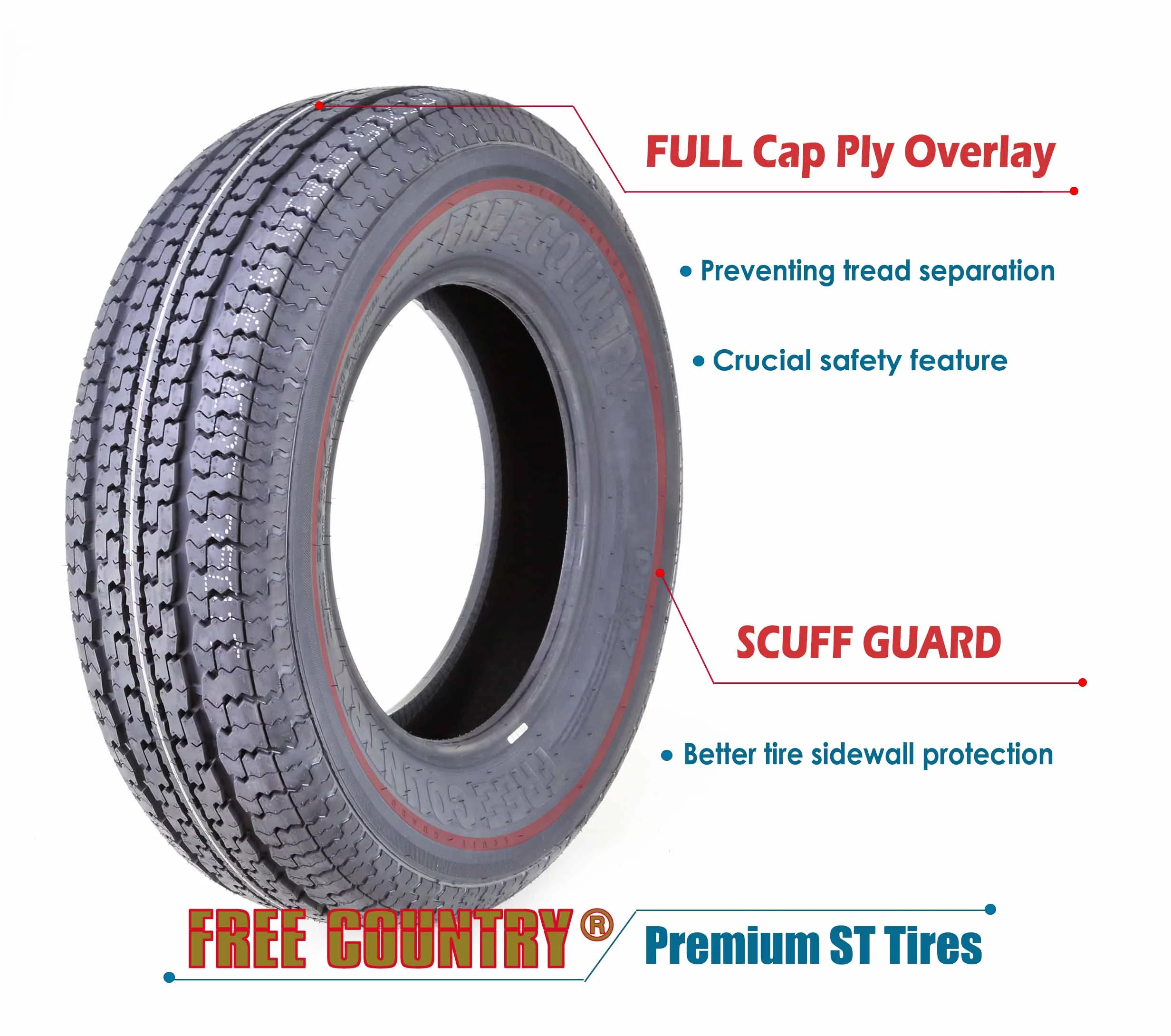 Free Country Trailer Tires ST 205/75R15 8 Ply /Load Range D w/Scuff Guard, Set 4