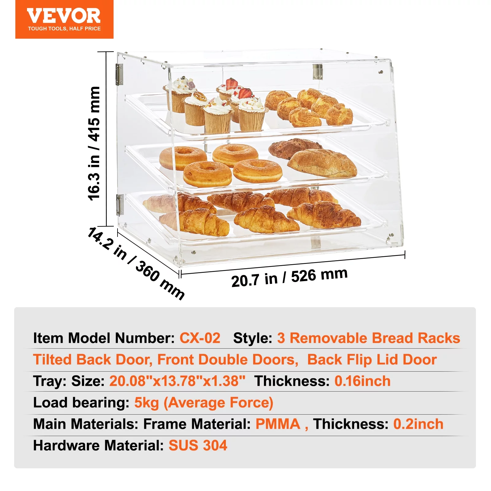 BENTISM 3-Tier Acrylic Bakery Display Case Countertop Donut Pastry Case Rear Door
