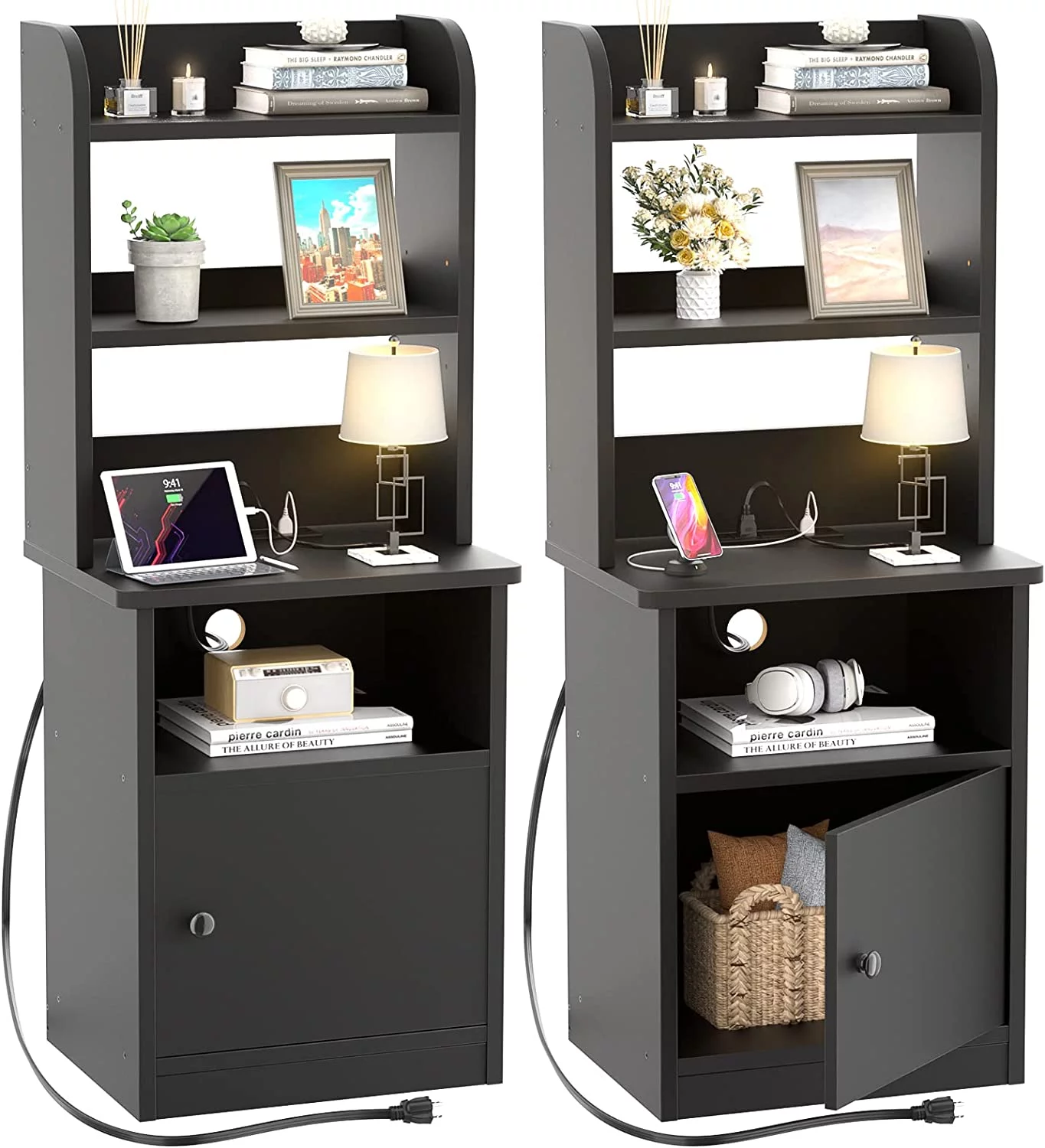 Homieasy Nightstands Set of 2 with Charging Station and USB Ports, 47" Tall Bedside Table with Adjustable Bookshelf, Modern End Table Side Table with Storage for Bed Room, Living Room, Black - Curated Treasures Market