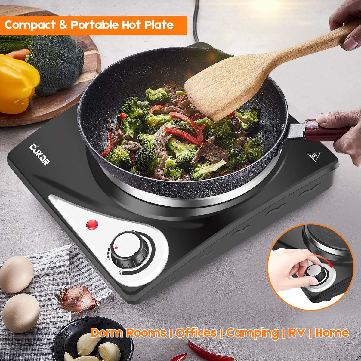 CUKOR Hot Plate,Electric Single Burner for Cooking,1500W Portable Electric Stove,cast-iron,Stainless Steel Non-Slip Rubber Feet