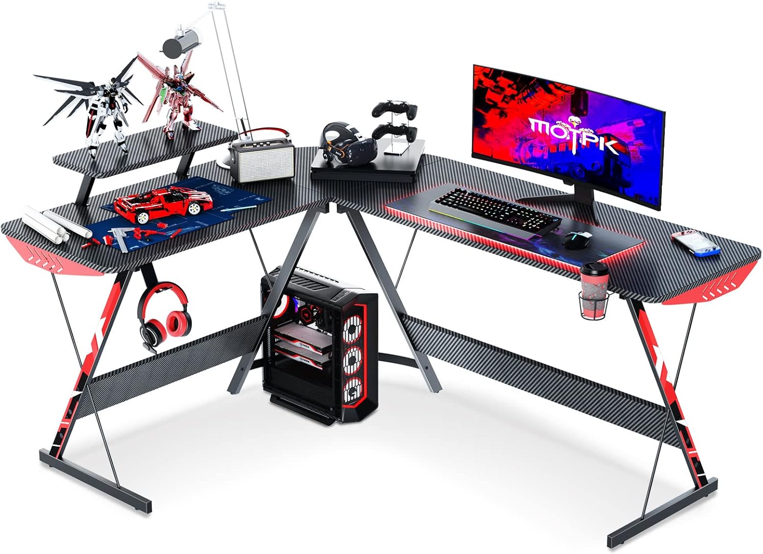 MOTPK L Shaped Gaming Desk 51 L Shaped Desk, Real Carbon Fiber Coated, Gaming Desk Table with Large Monitor Riser Stand for Home Office, Sturdy Writing Workstation, Gaming Desk with Shelf, Black