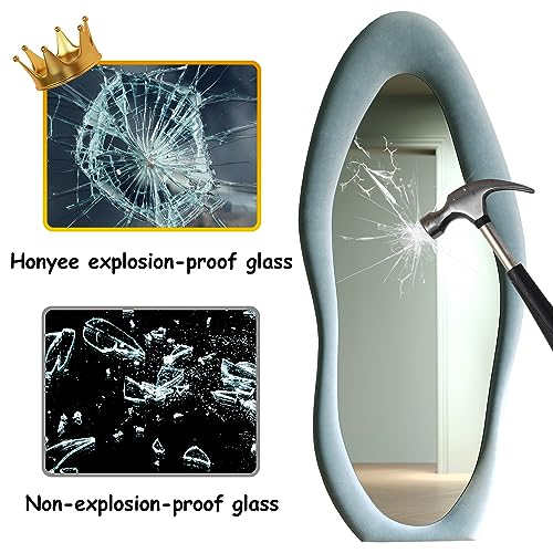 Honyee Full Length Mirror, 63" x 24" Wall Mirror, Flannel Wrapped Wooden Frame Floor Mirror, Irregular Wavy Mirror Hanging or Leaning Against Wall for Cloakroom/Bedroom/Living Room, Milk Tea