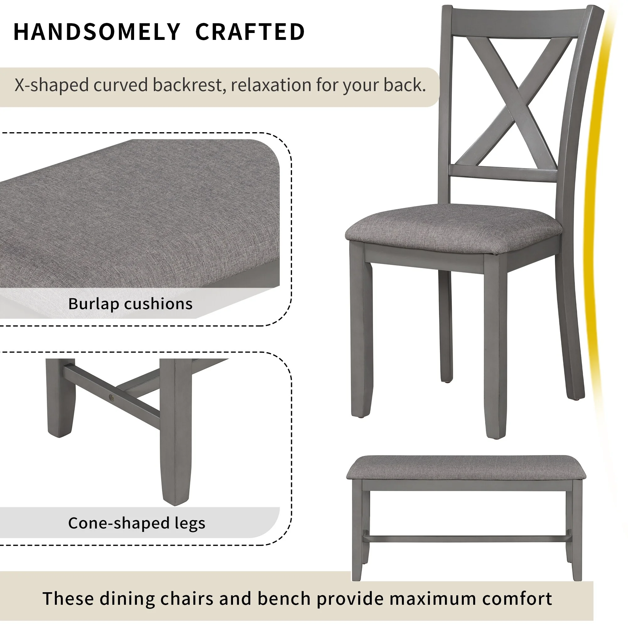 Gray 6-Piece Wooden Dining Table Set with 4 Fabric Chairs and Bench, Seats for 6
