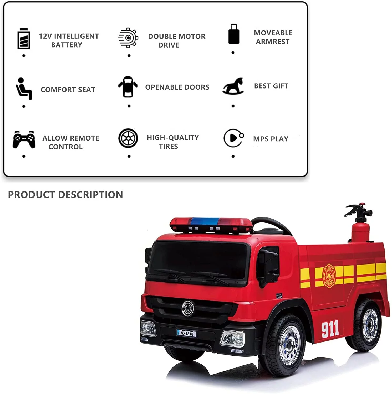 LAZY BUDDY Kids 12V Ride On Fire Truck Battery Powered Ride-Ons Toy Car with Remote Control, Siren for Boys Girls 3-6 Years