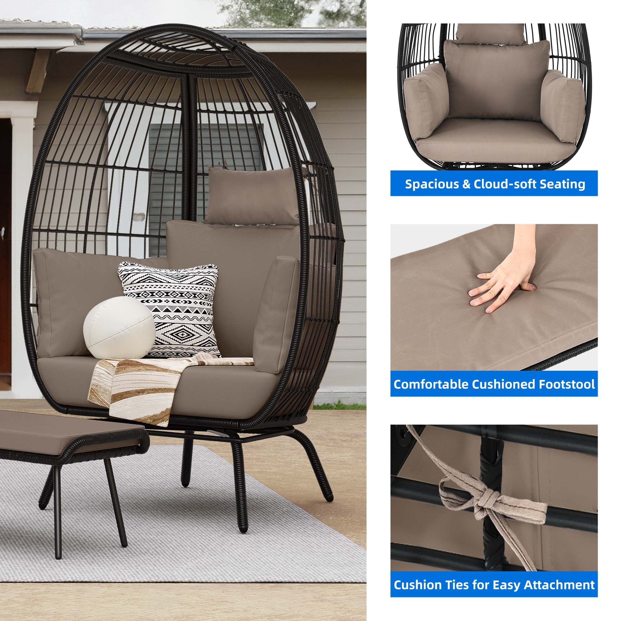 DEXTRUS Wicker Egg Chair with Ottoman,with Stand, Cushions, Egg Chairs for Patio - Black