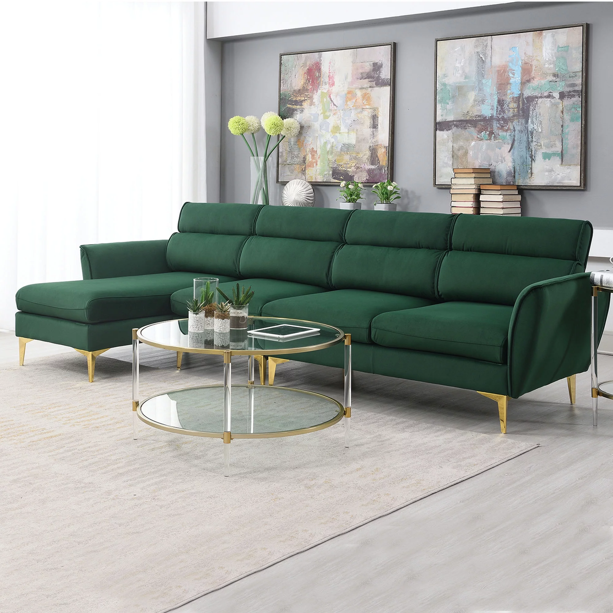 Style 111" Sectional Sofa Flannel L Shape Sofa with Recliner