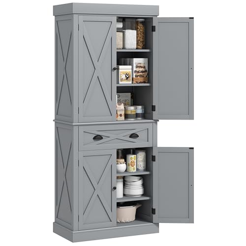 HOMCOM 72" Kitchen Pantry Storage Cabinet, Traditional Freestanding Cupboard with 4 Doors and 3 Adjustable Shelves, Large Central Drawer, X-Frame, White