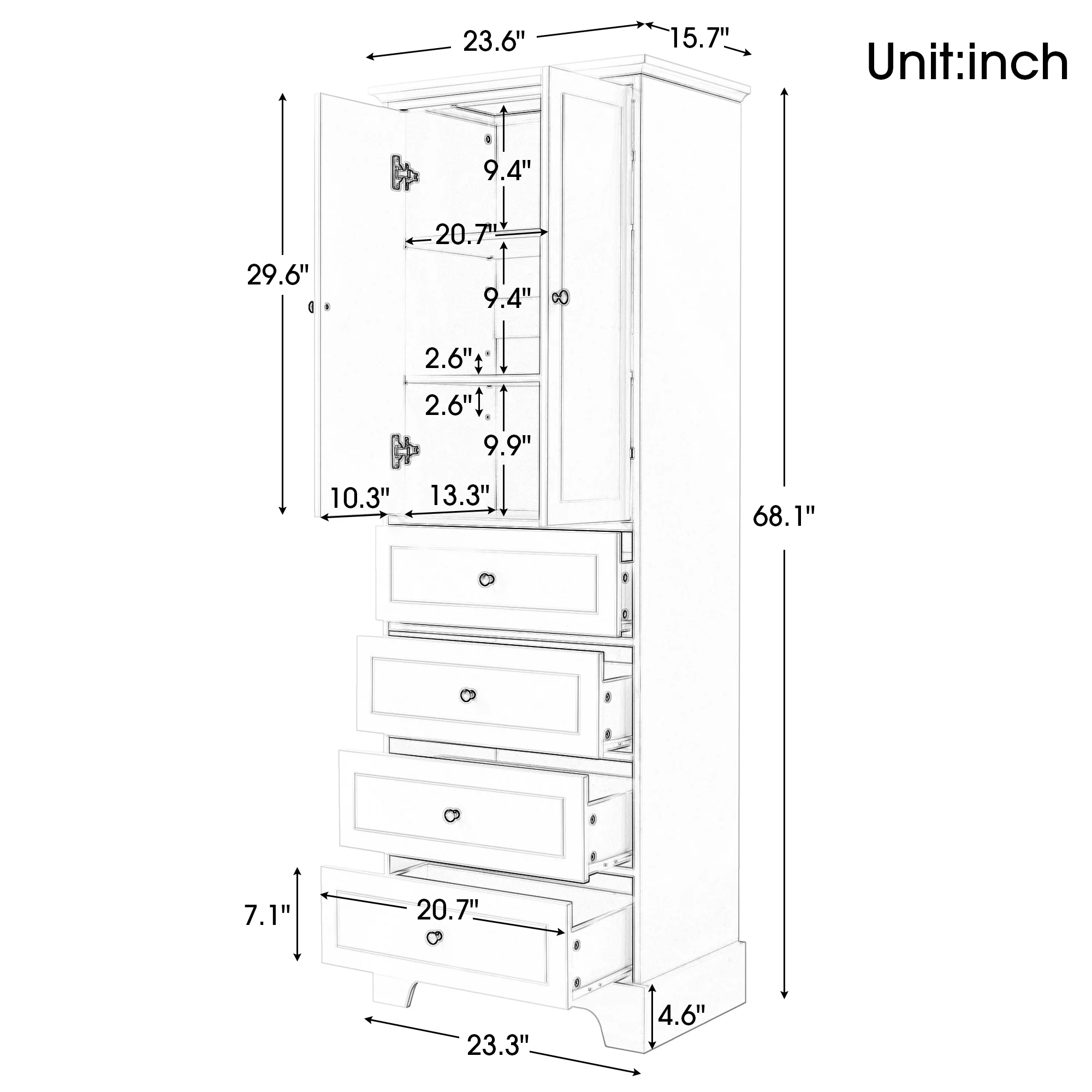 Hombay Tall Bathroom Storage Cabinet with 2 Doors and 4 Drawers, Wood Freestanding Cupboard Pantry with Adjustable Shelves for Living Room Bedroom Kitchen