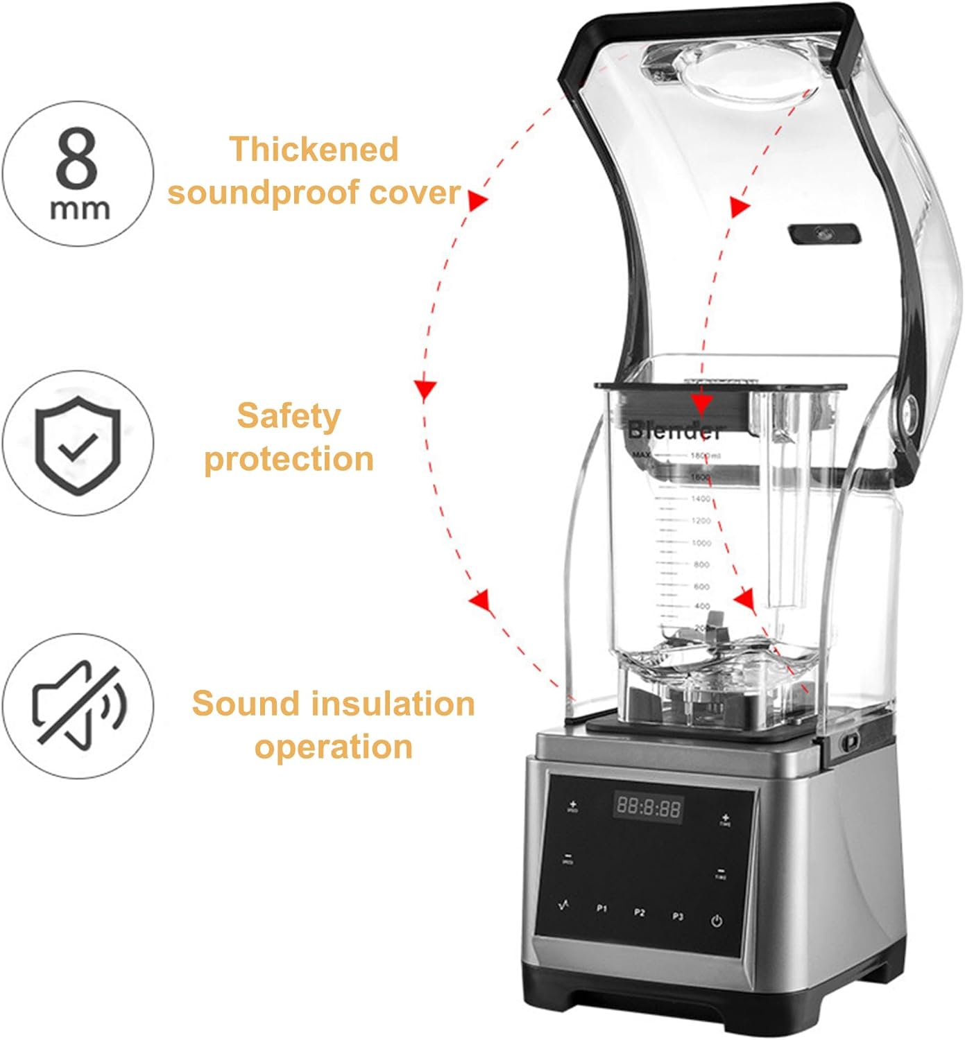 1.8L 2200W Blenders For Kitchen,Commercial Blender With Sound Shield Household High Speed Quiet Blender,Ice Mixer Blender For Make Smoothies,Juice,Soy Milk,Black And Silver Blender