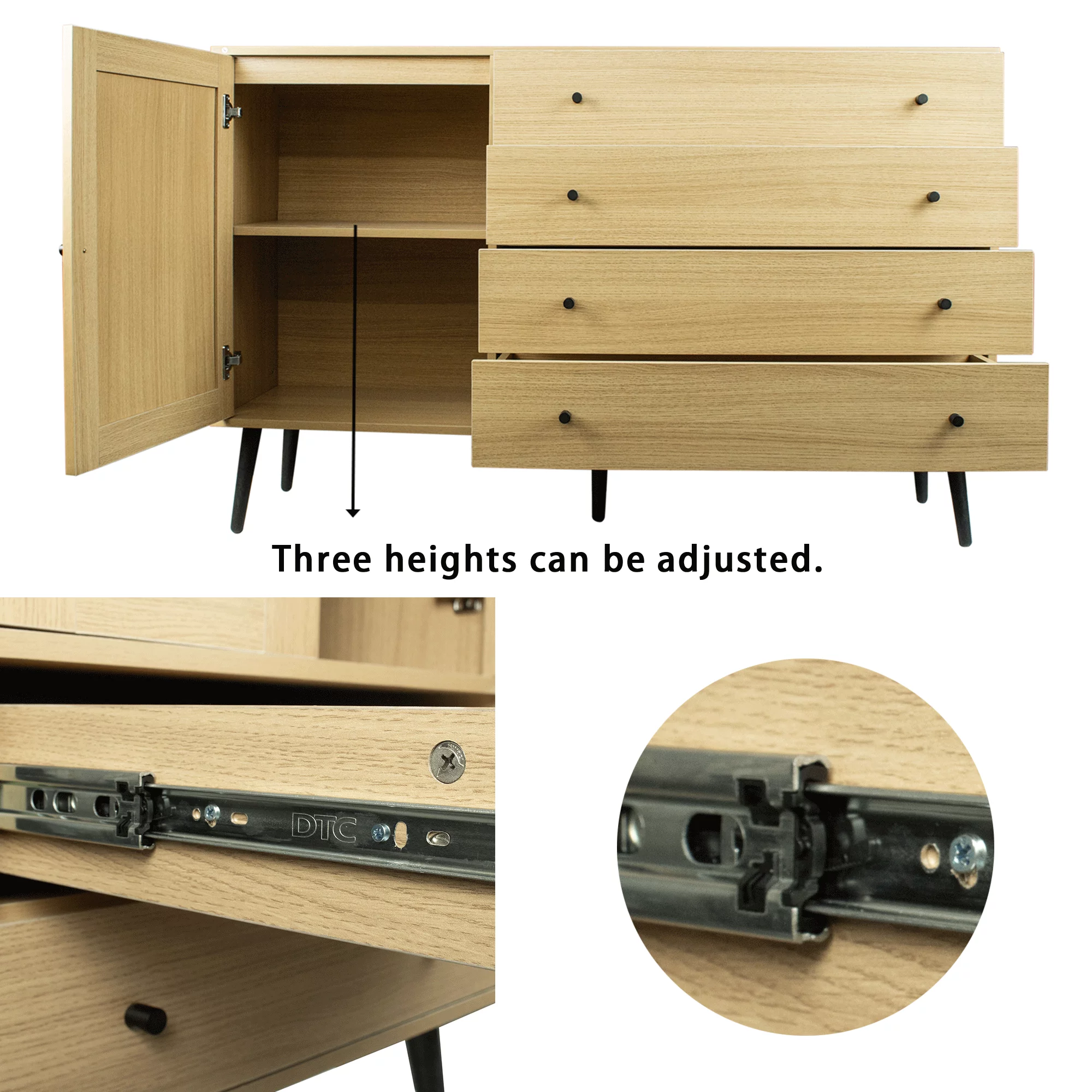 HIUU Storage Cabinet with Door and 4 Drawers for Living room,Sideboard Buffet Cabinet for Dining Room,Natural Wood Dresser for Bedroom