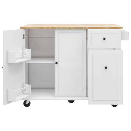 LUMISOL Kitchen Cart with Wood Top, Rolling Kitchen Island Cart with Spice Rack, Towel Rack and 4 Drawers, Storage Cabinet with Open Shelves and Door