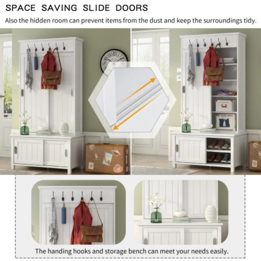 Multifunctional Hall Tree with Sliding Doors, Wooden Hallway Shoe Cabinet with Storage Bench and Shelves, Mudroom Coat Storage with Hanging Hooks for Entryways, White