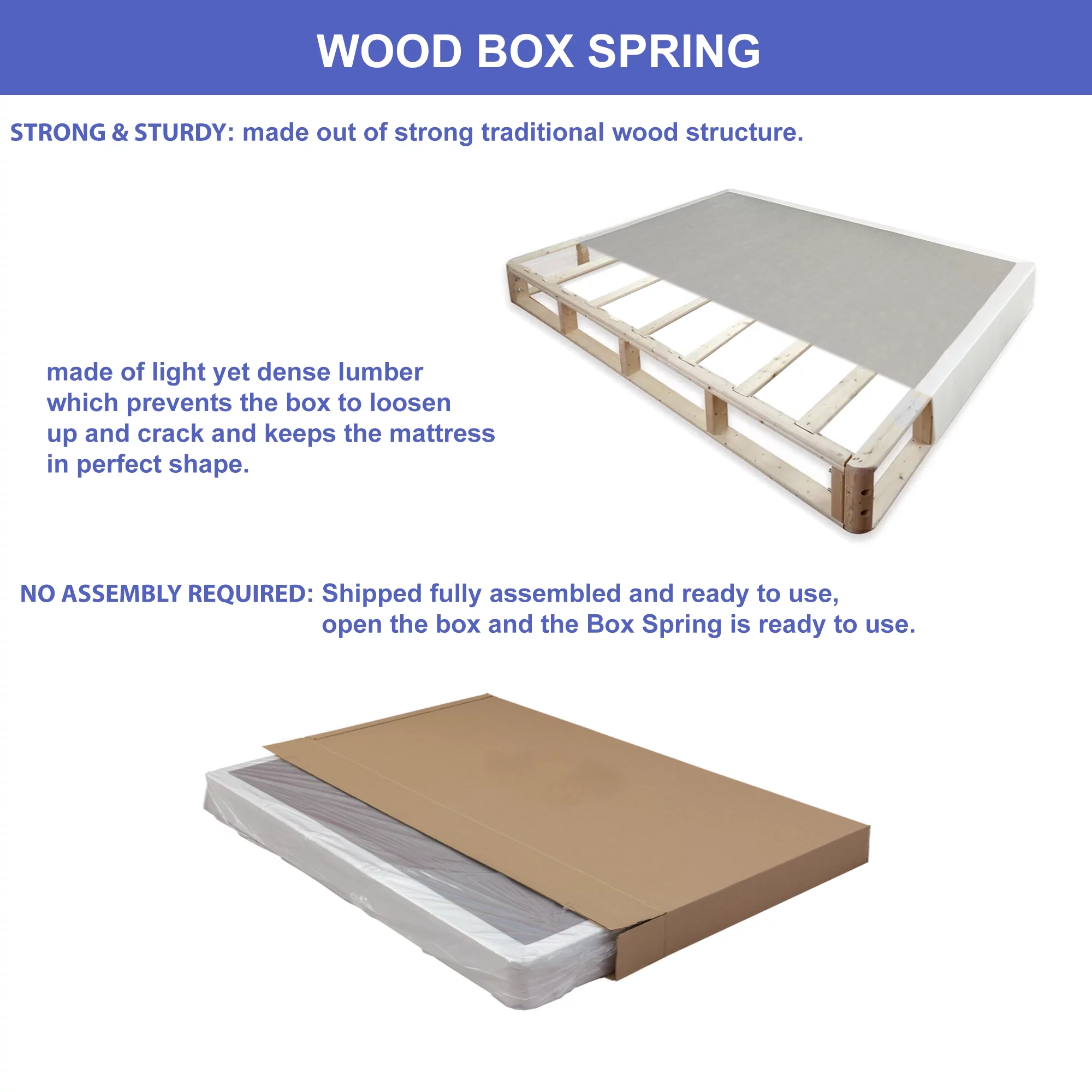 Wayton, 4" Split Sturdy Fully Assembled Wood Box Spring for Mattress, Full, White